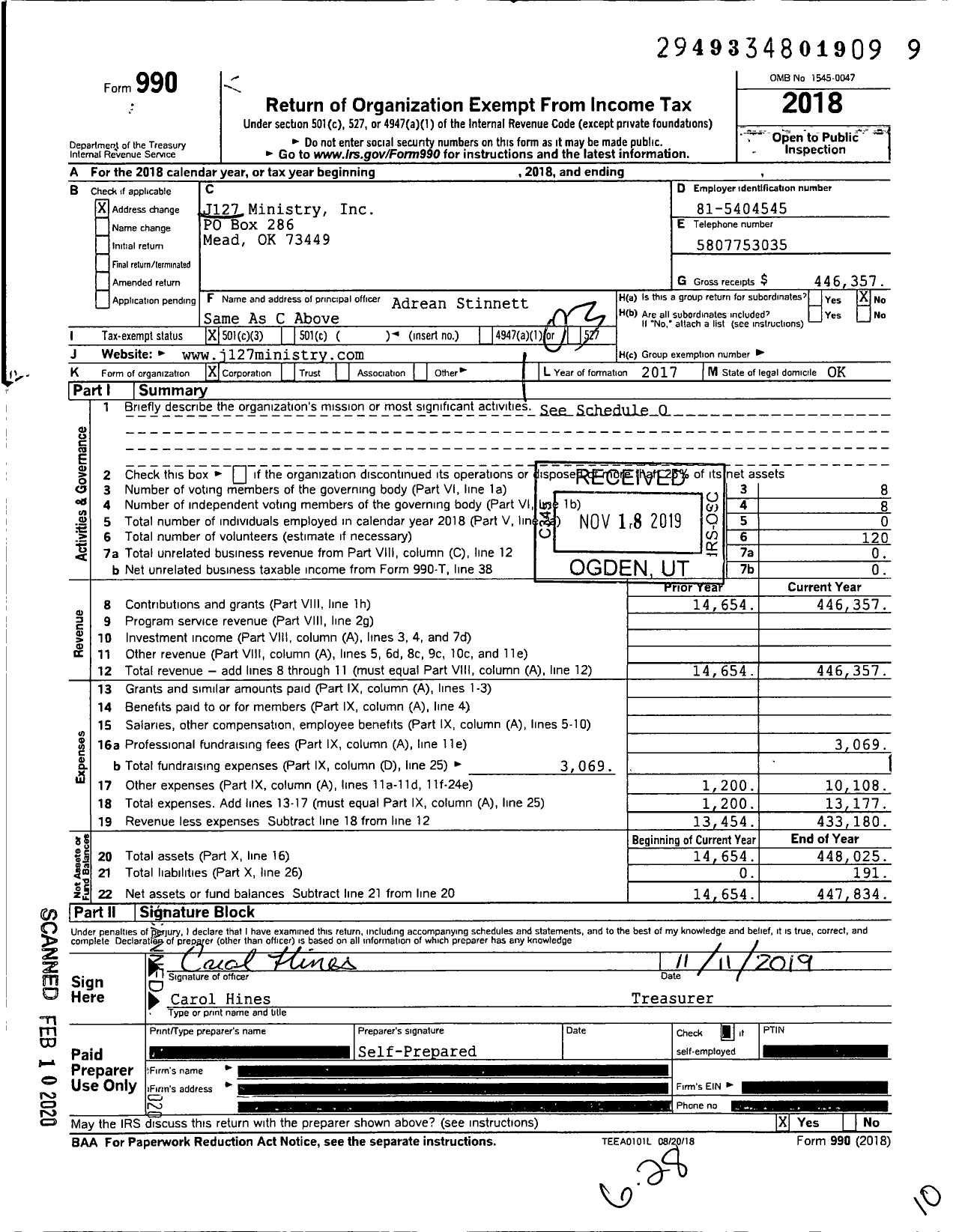 Image of first page of 2018 Form 990 for J127 Ministry