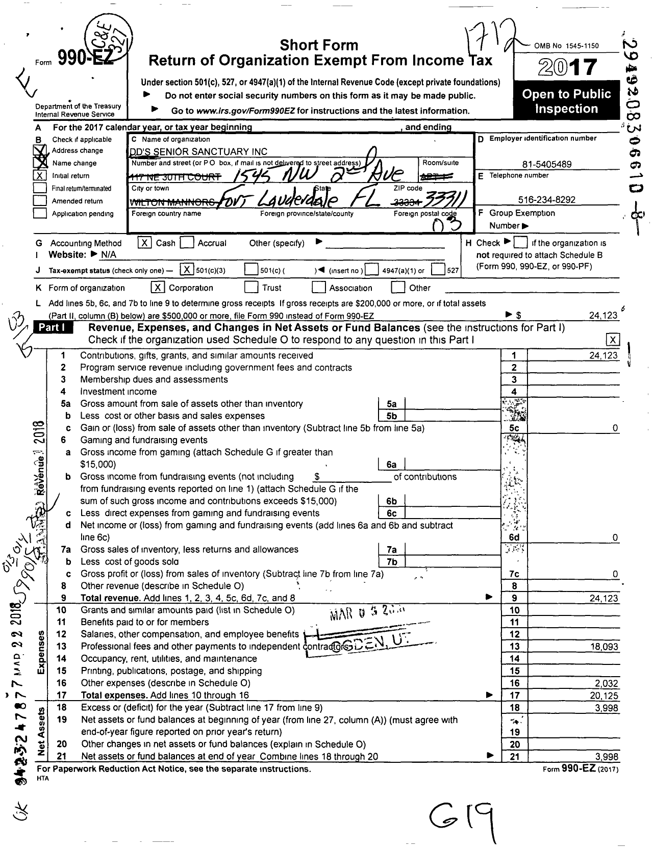 Image of first page of 2017 Form 990EZ for DDS Senior Sanctuary