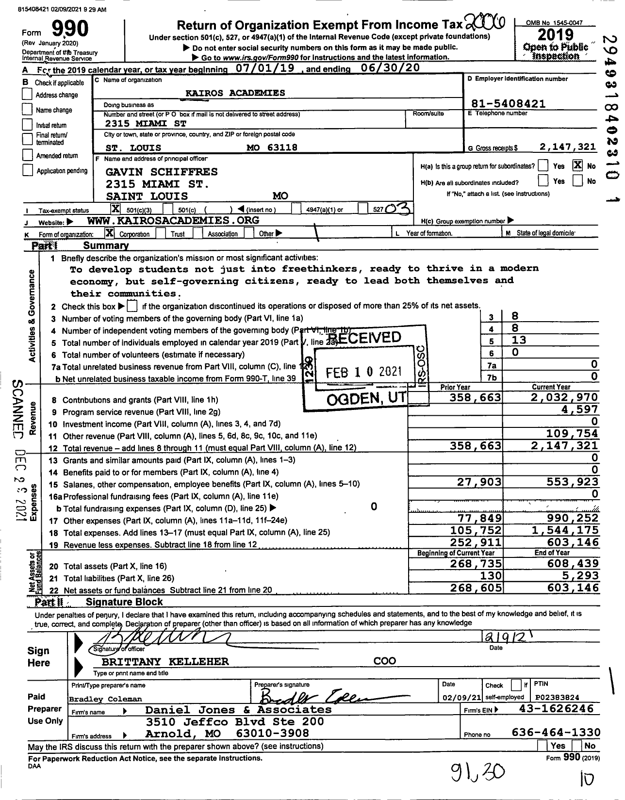 Image of first page of 2019 Form 990 for Kairos Academies