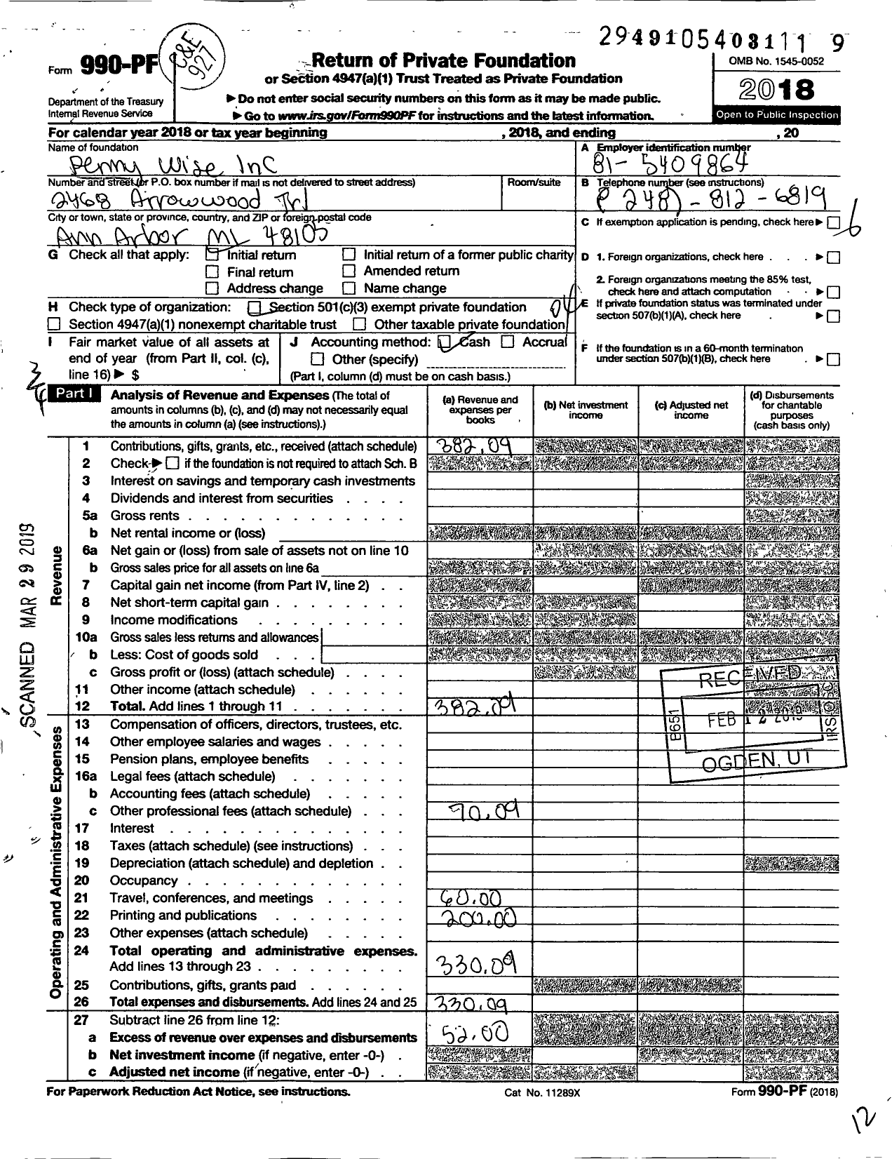 Image of first page of 2018 Form 990PF for Penny Wise