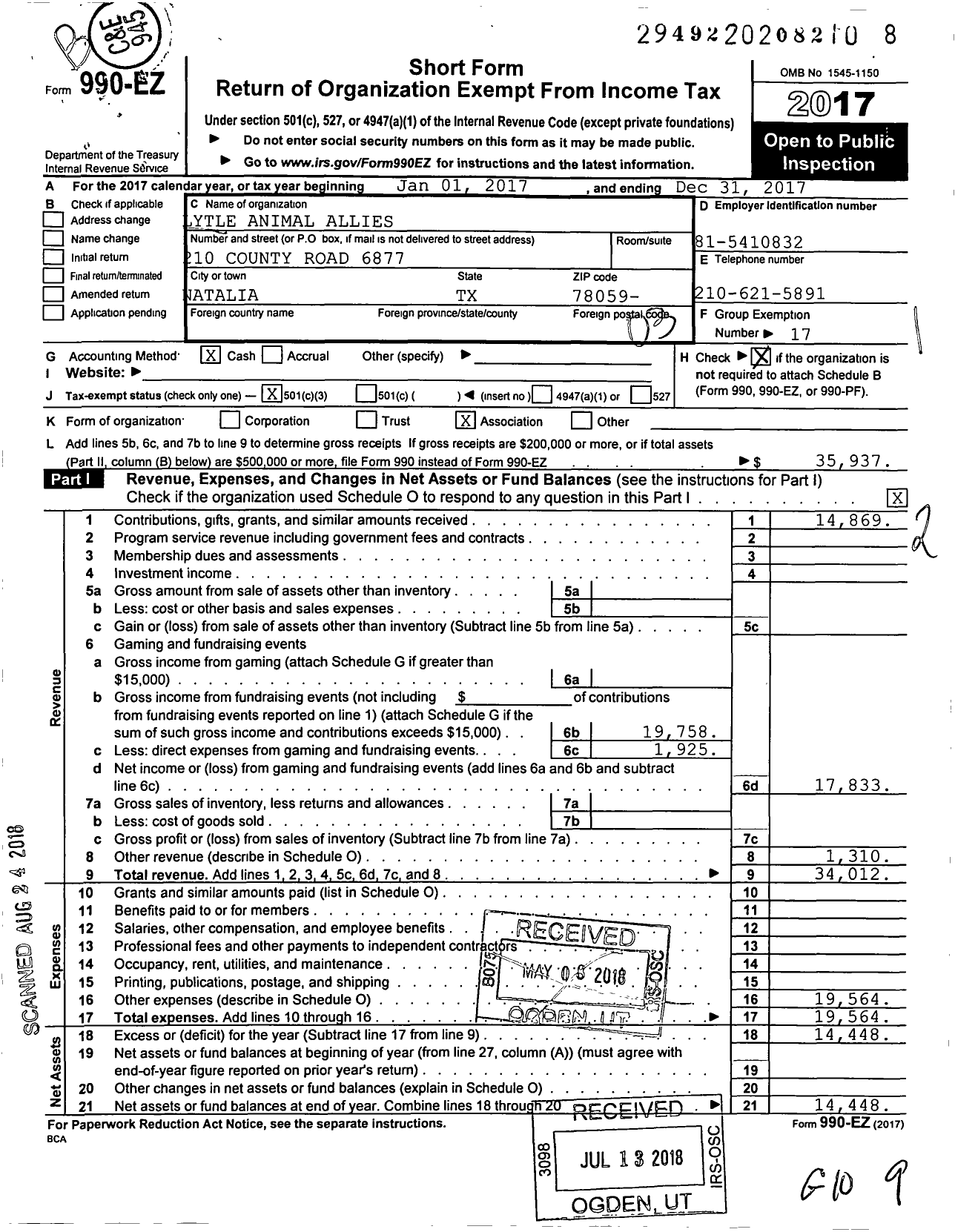 Image of first page of 2017 Form 990EZ for Lytle Animal Allies