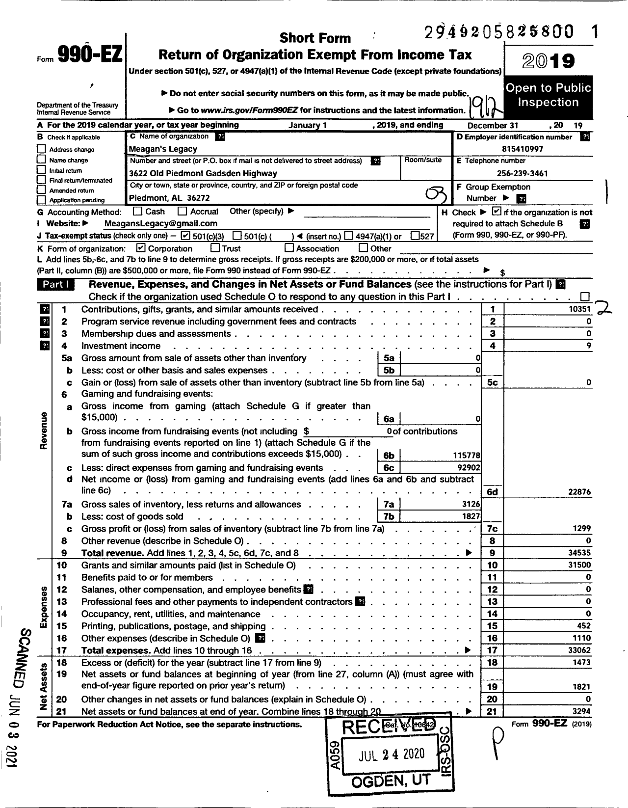 Image of first page of 2019 Form 990EZ for Meagans Legacy