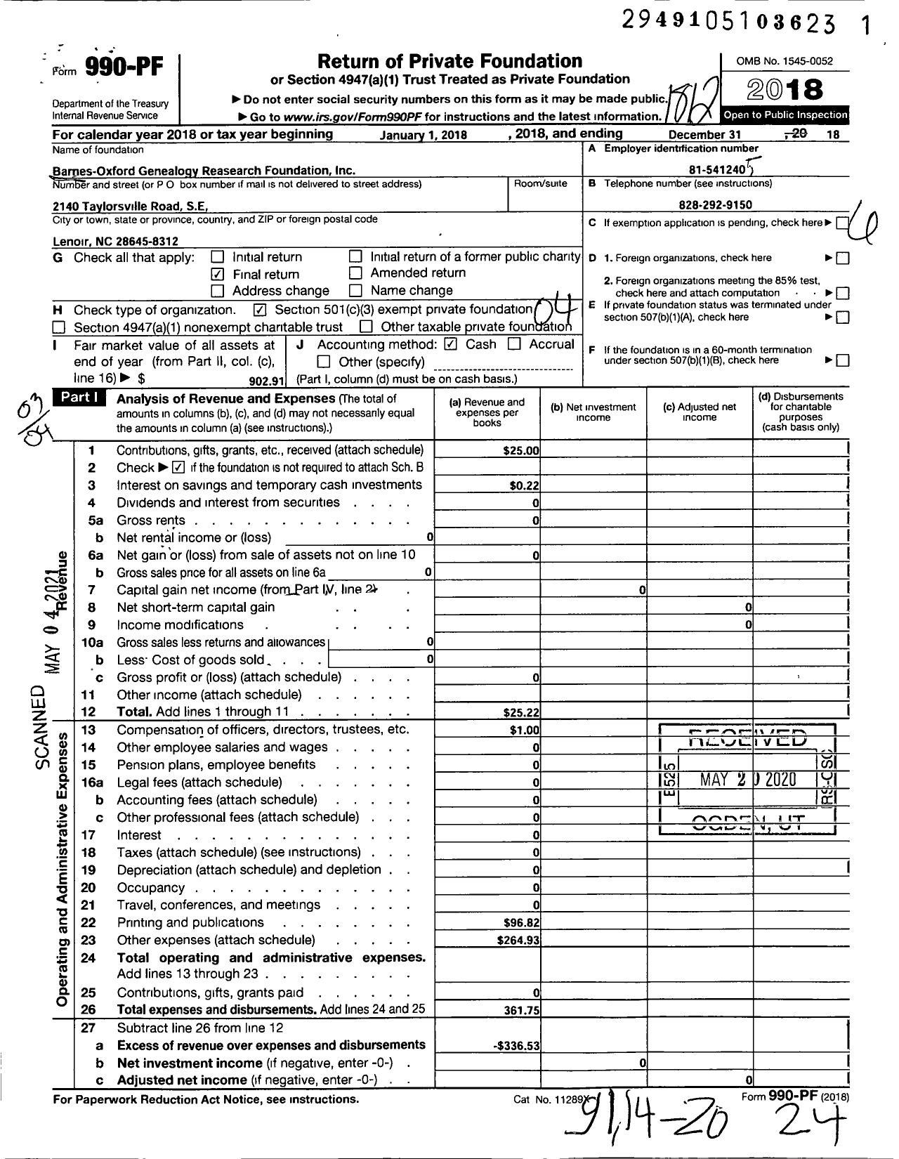Image of first page of 2018 Form 990PF for Barnes-Oxford Genealogy Research Foundation