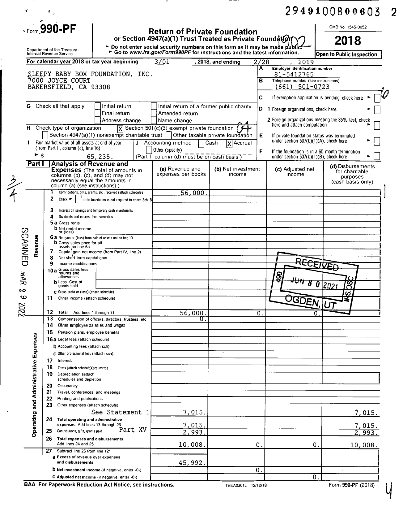 Image of first page of 2018 Form 990PF for Sleepy Baby Box Foundation