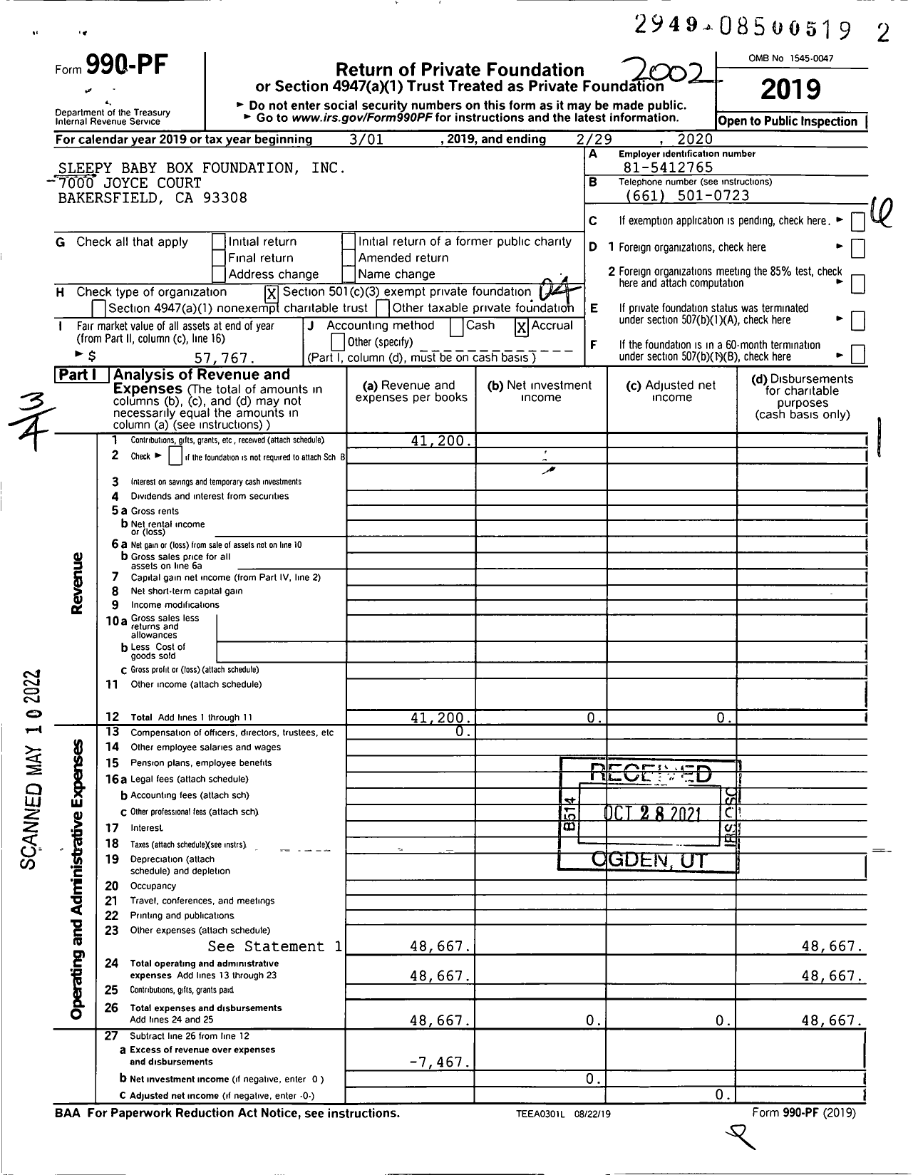 Image of first page of 2019 Form 990PF for Sleepy Baby Box Foundation