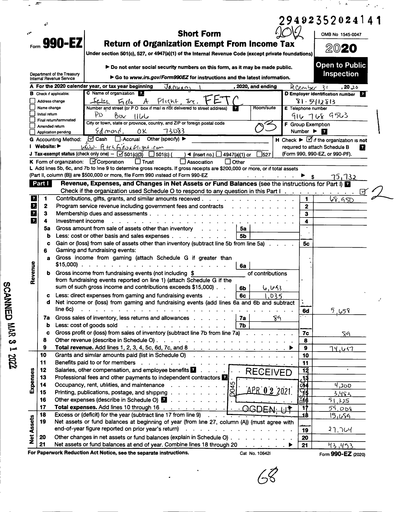 Image of first page of 2020 Form 990EZ for Fetch Fido A Flight