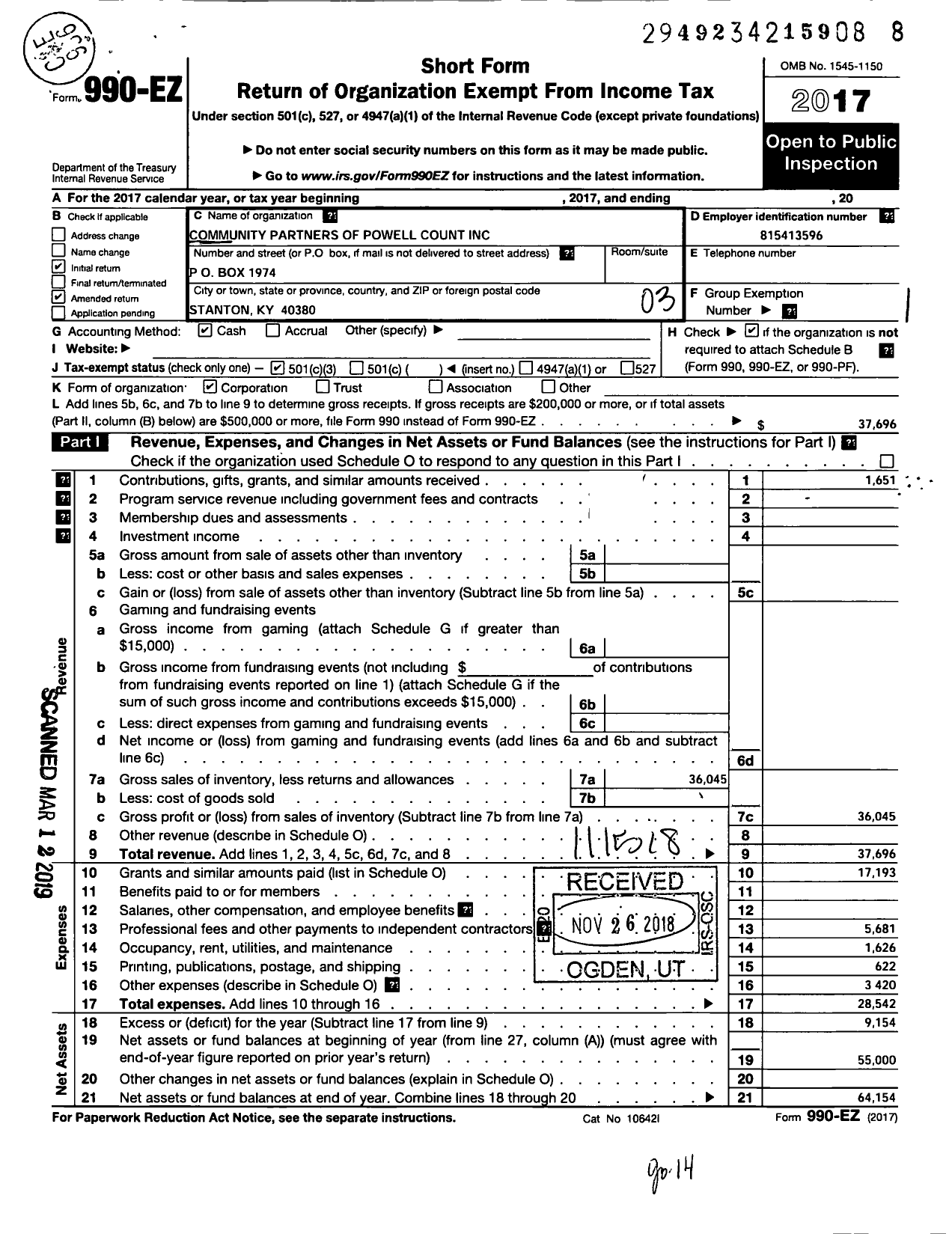 Image of first page of 2017 Form 990EZ for Community Partners of Powell County