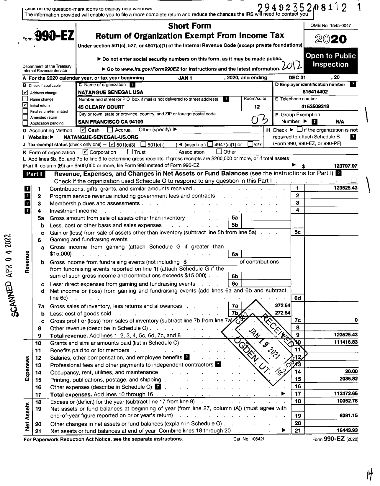 Image of first page of 2020 Form 990EZ for Natangue-Senegal USA