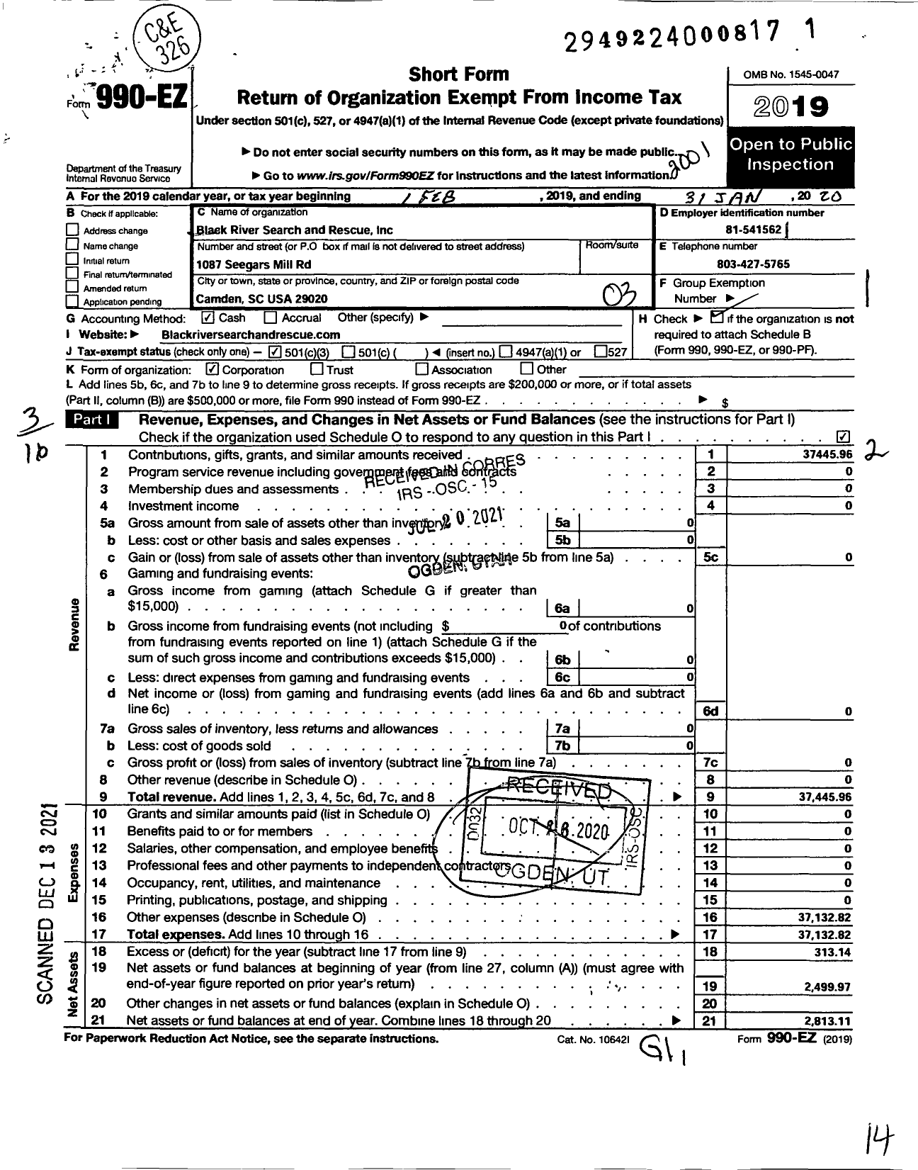 Image of first page of 2019 Form 990EZ for Black River Search and Rescue