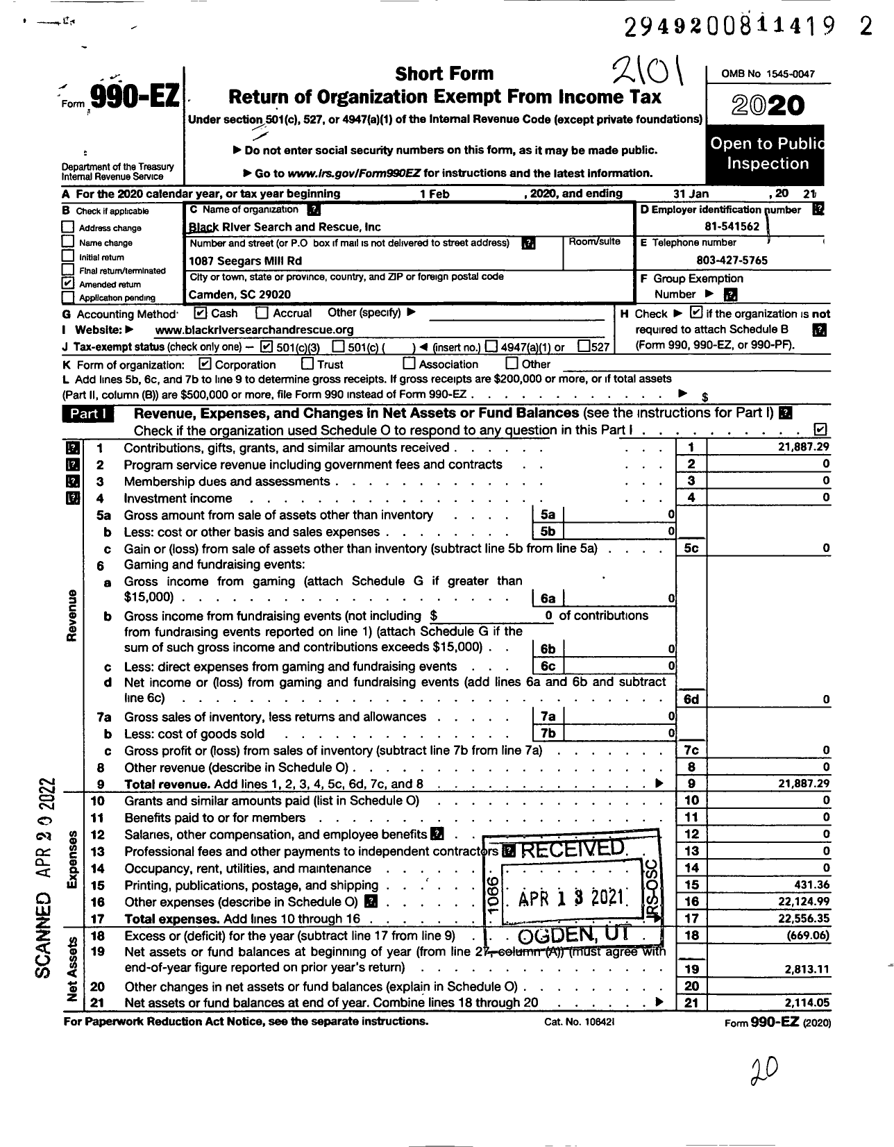 Image of first page of 2020 Form 990EZ for Black River Search and Rescue