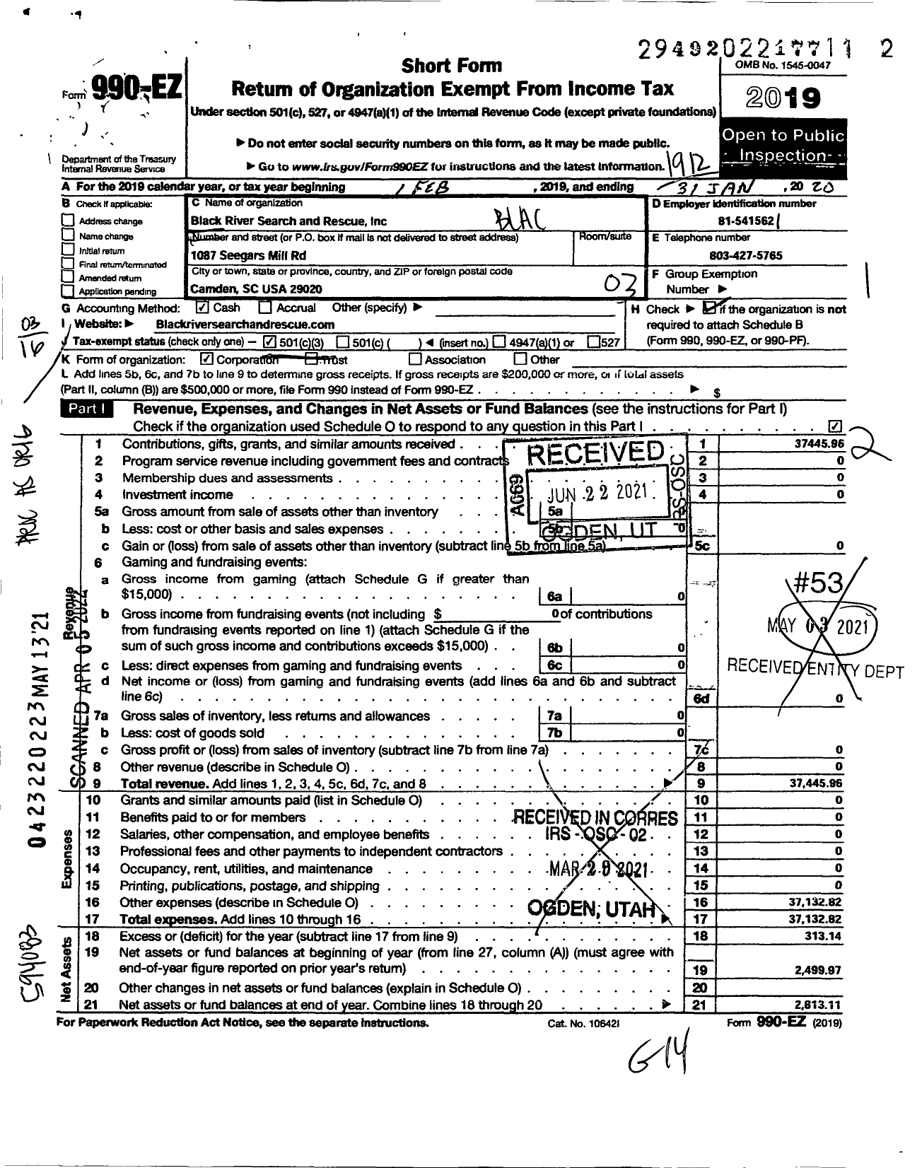 Image of first page of 2019 Form 990EZ for Black River Search and Rescue