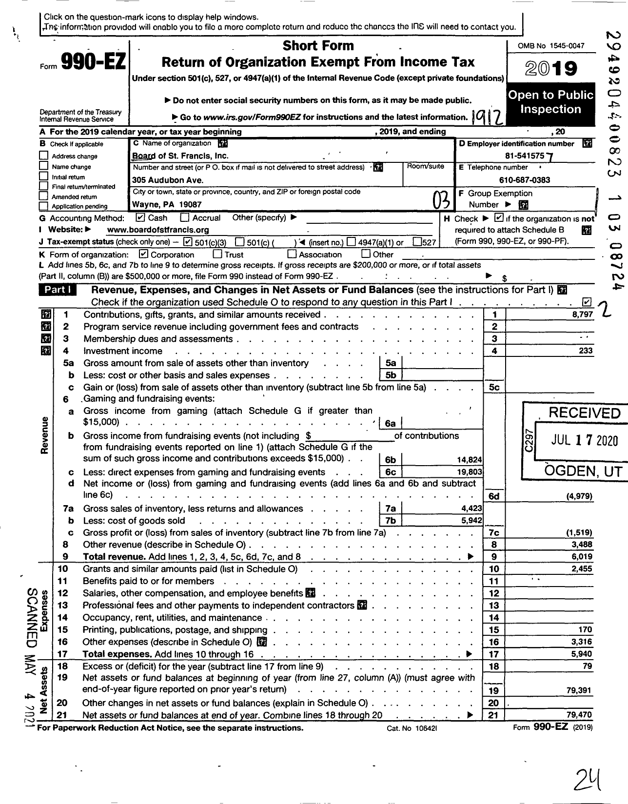 Image of first page of 2019 Form 990EZ for Board of St Francis