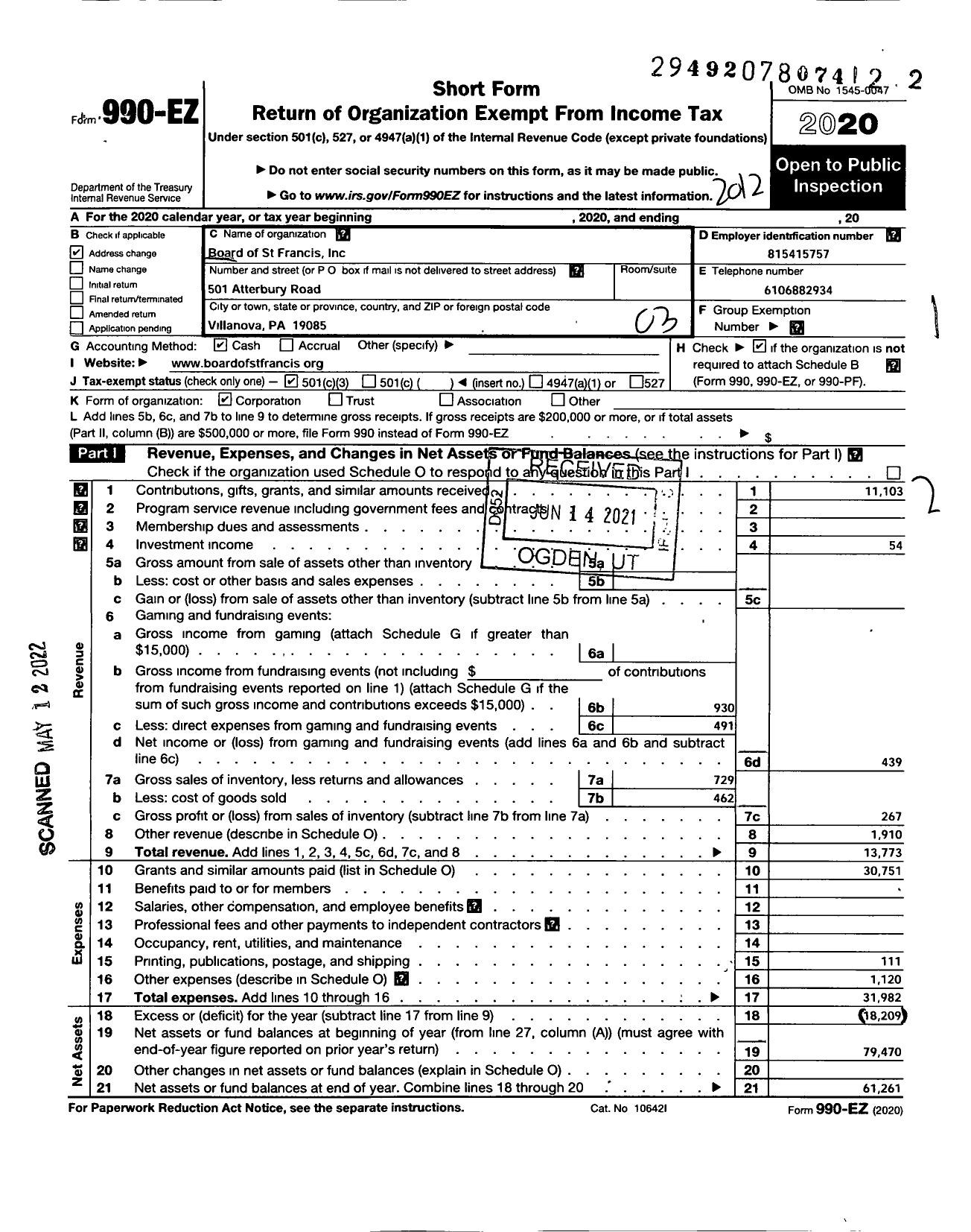 Image of first page of 2020 Form 990EZ for Board of St Francis