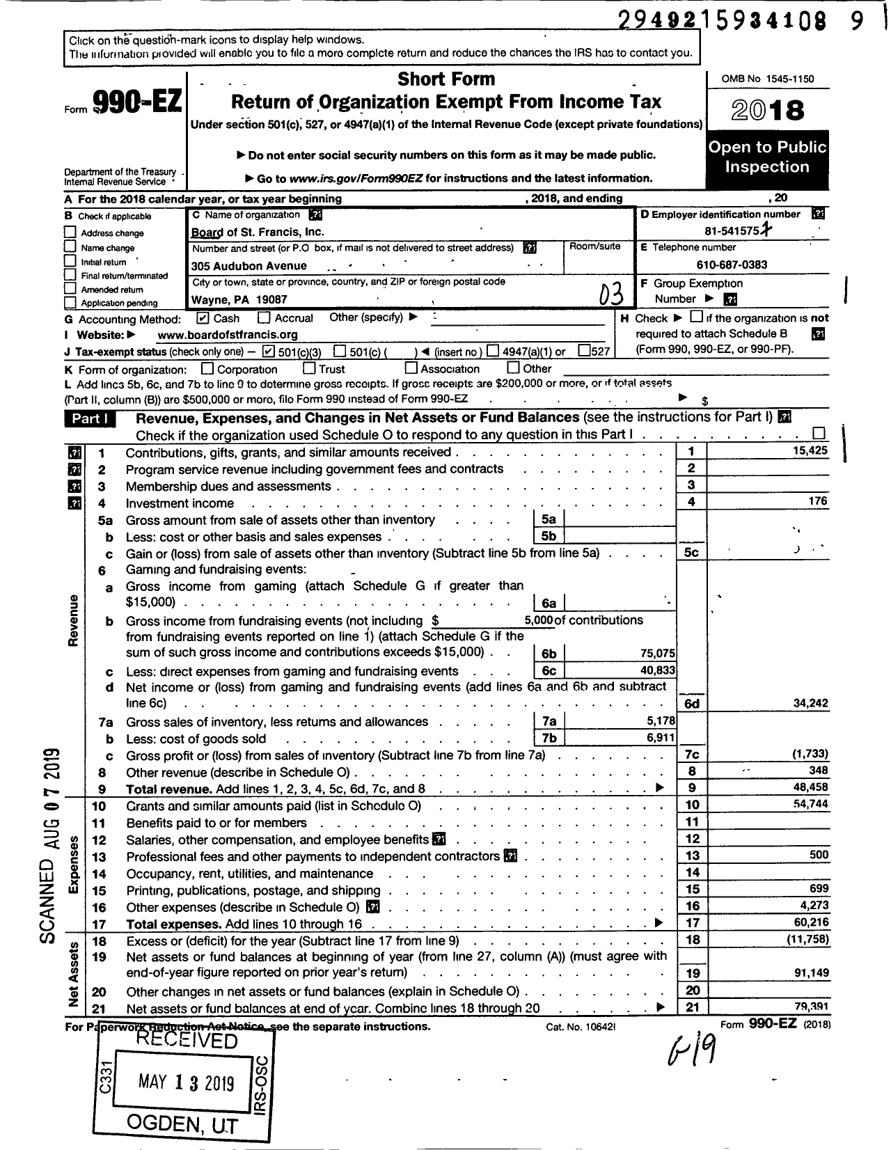 Image of first page of 2018 Form 990EZ for Board of St Francis