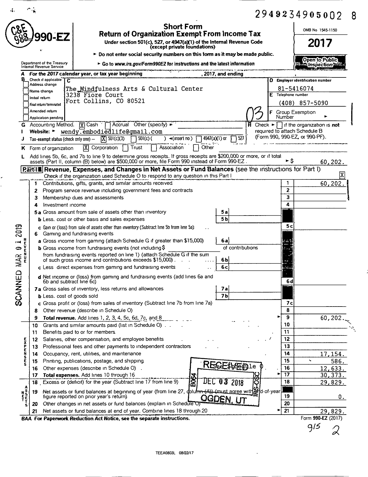 Image of first page of 2017 Form 990EZ for Mindfulness Arts and Cultural Center