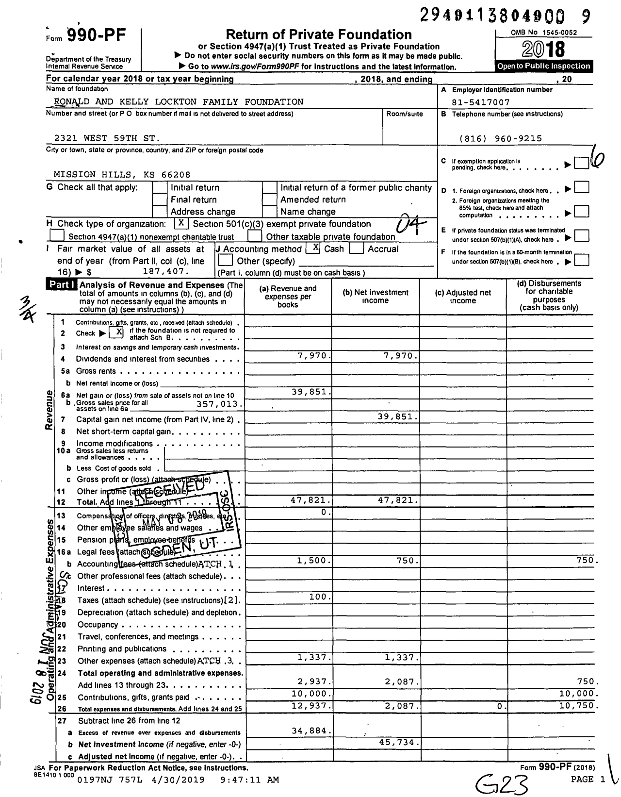 Image of first page of 2018 Form 990PF for Ronald and Kelly Lockton Family Foundation