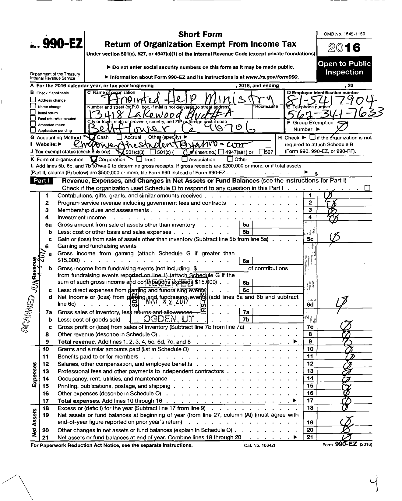 Image of first page of 2016 Form 990EZ for Anointed Help Ministry