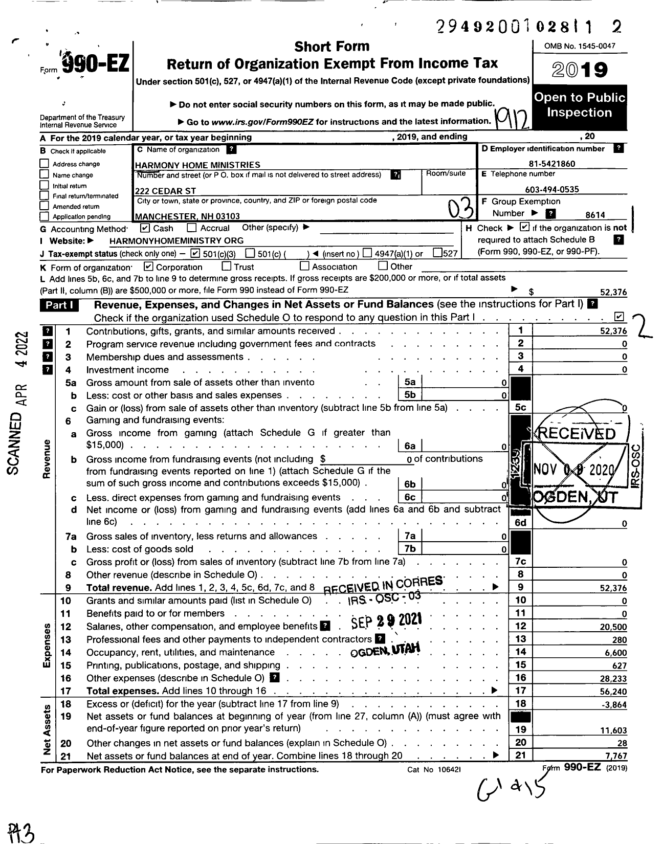 Image of first page of 2019 Form 990EZ for Harmony Home Ministry