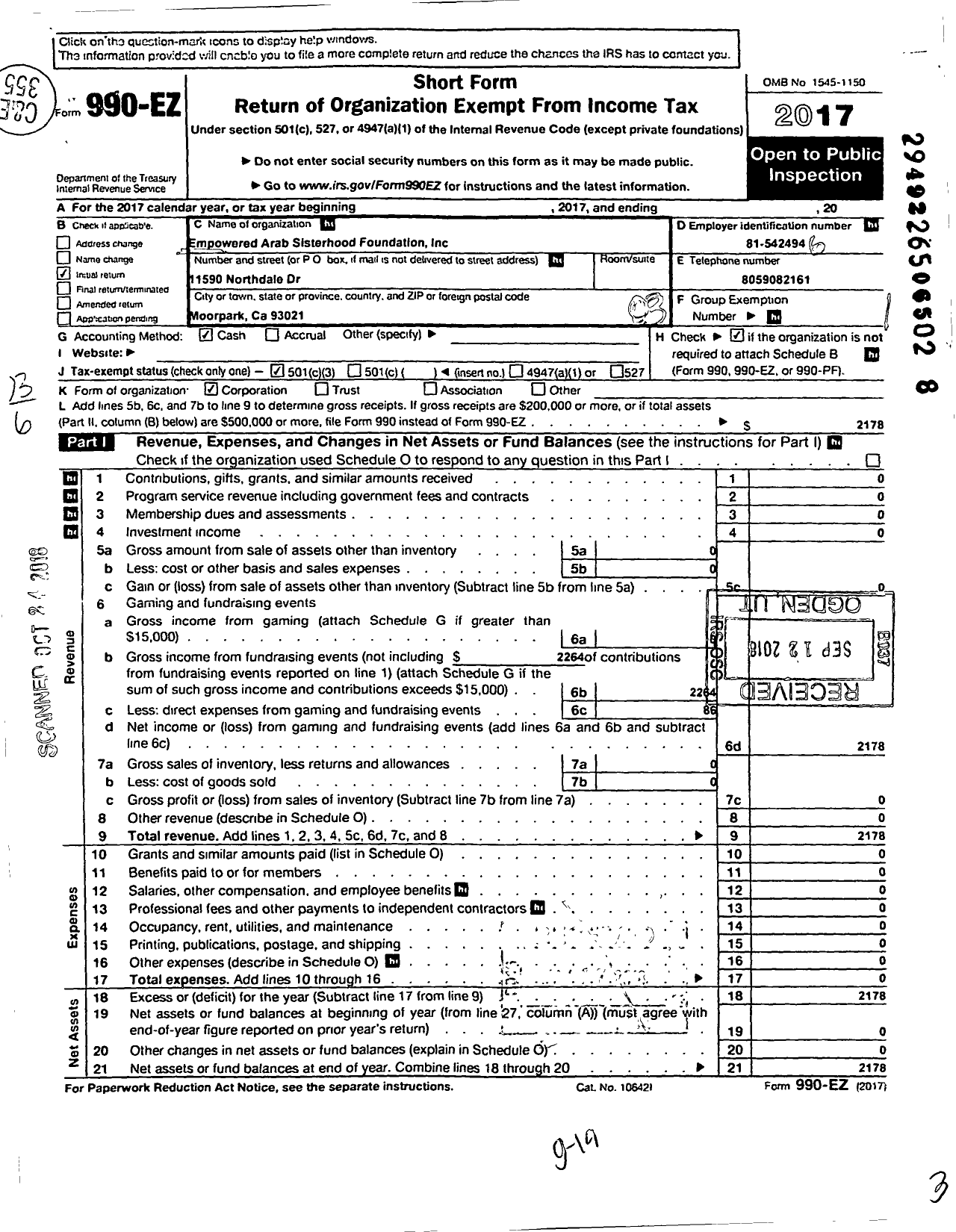 Image of first page of 2017 Form 990EZ for Empowered Arab Sisterhood Foundation