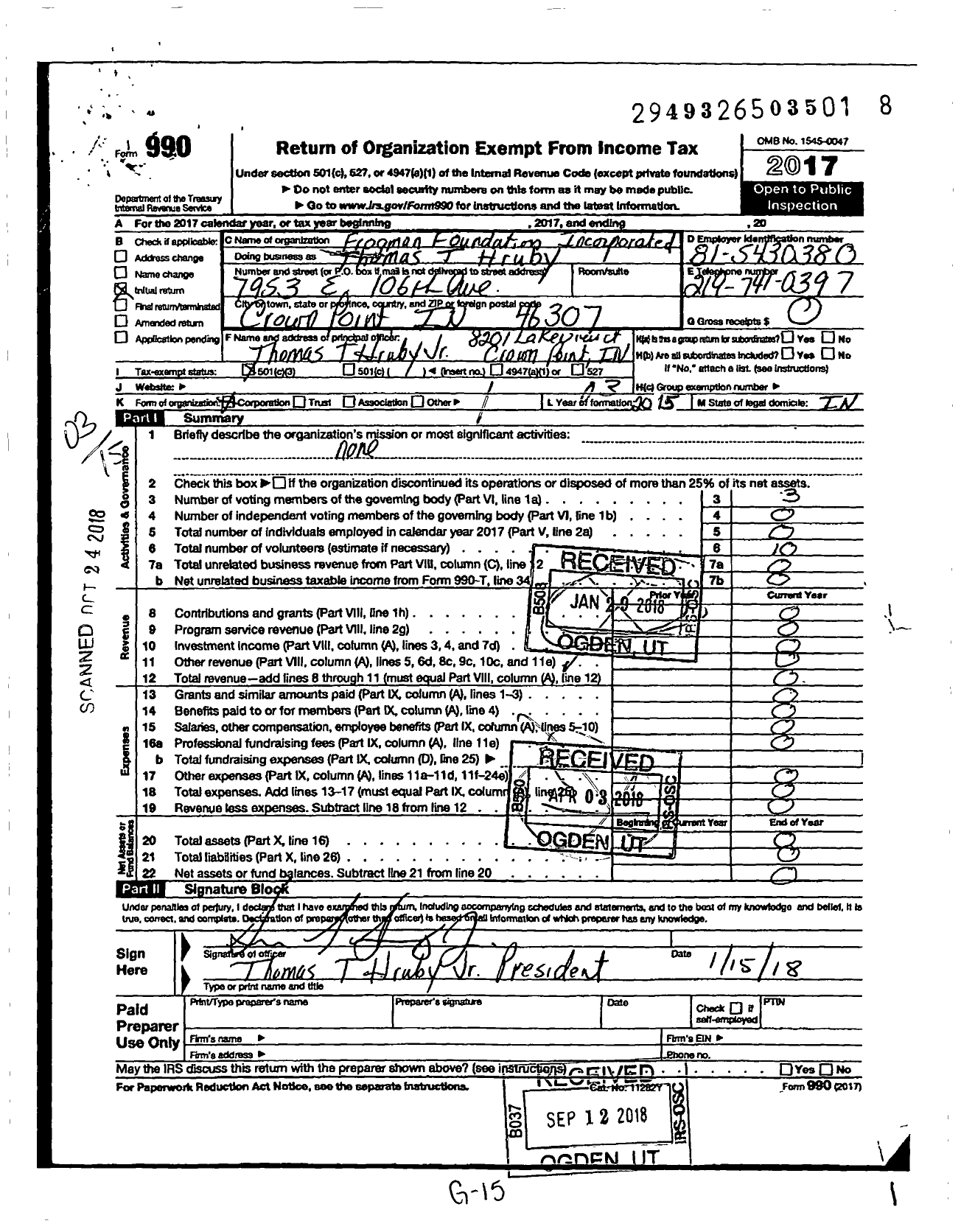 Image of first page of 2017 Form 990 for Frogman Foundation Incorporated