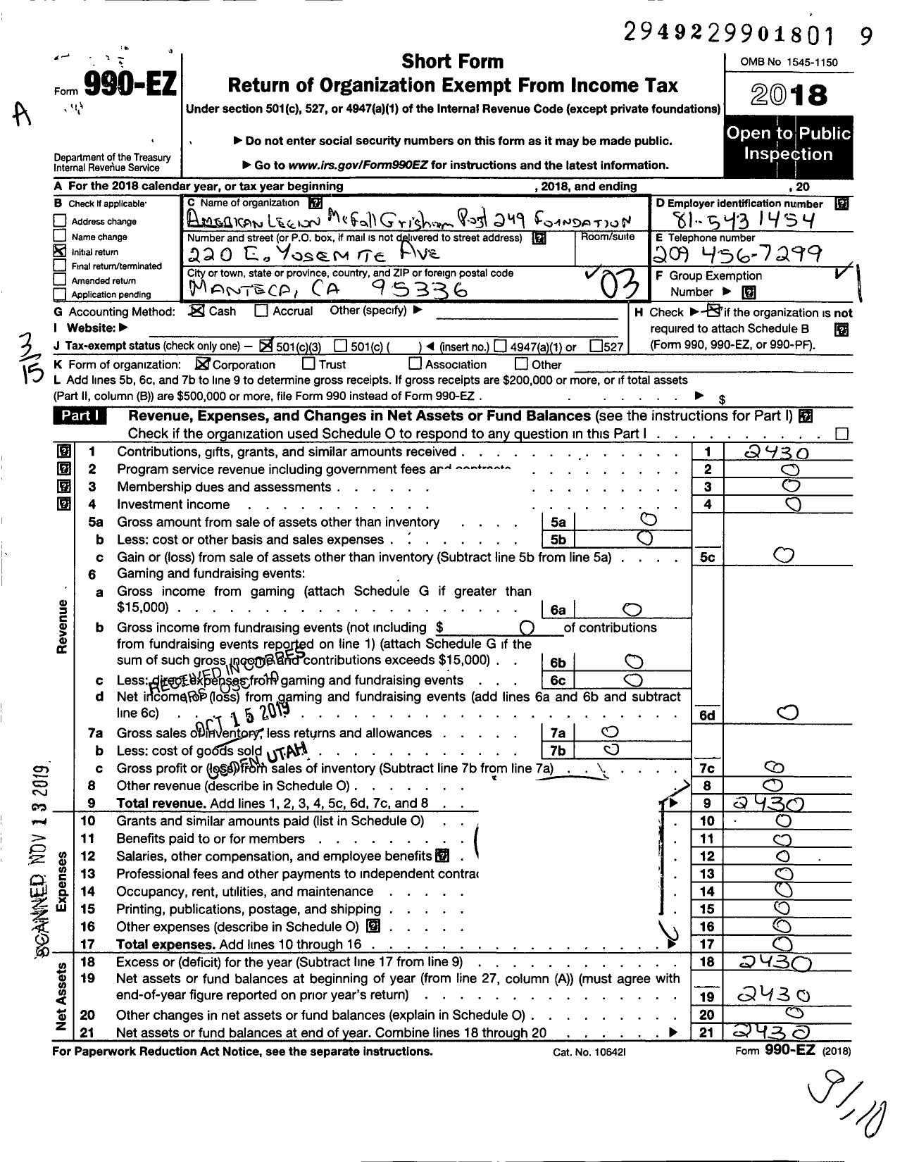 Image of first page of 2018 Form 990EZ for AMERICAN LEGION McFall-Grisham POST 249 Foundation