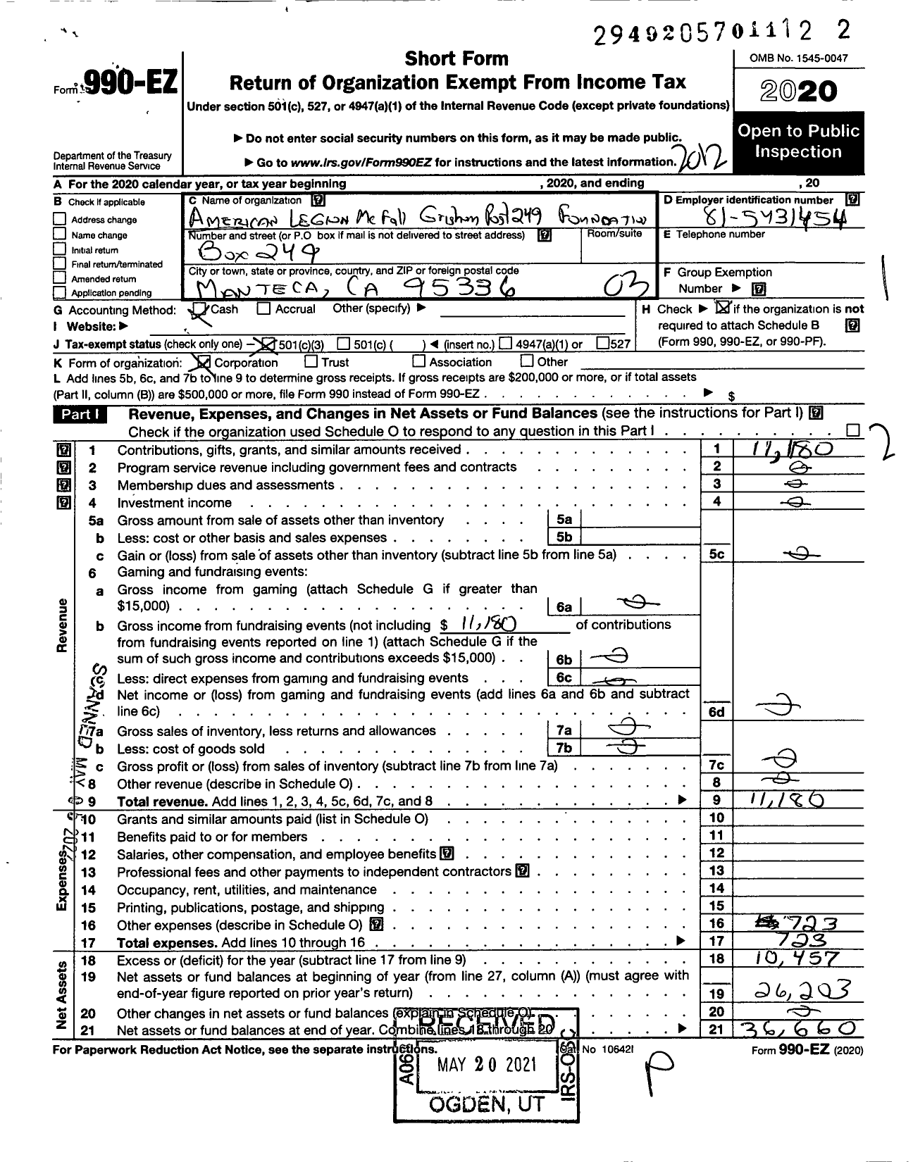 Image of first page of 2020 Form 990EZ for AMERICAN LEGION McFall-Grisham POST 249 Foundation