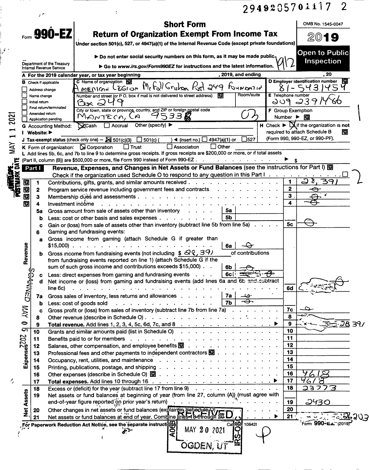 Image of first page of 2019 Form 990EZ for AMERICAN LEGION McFall-Grisham POST 249 Foundation