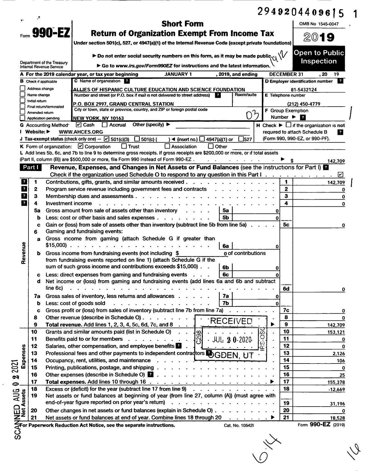 Image of first page of 2019 Form 990EZ for Allies of Hispanic Culture Education and Science Foundation