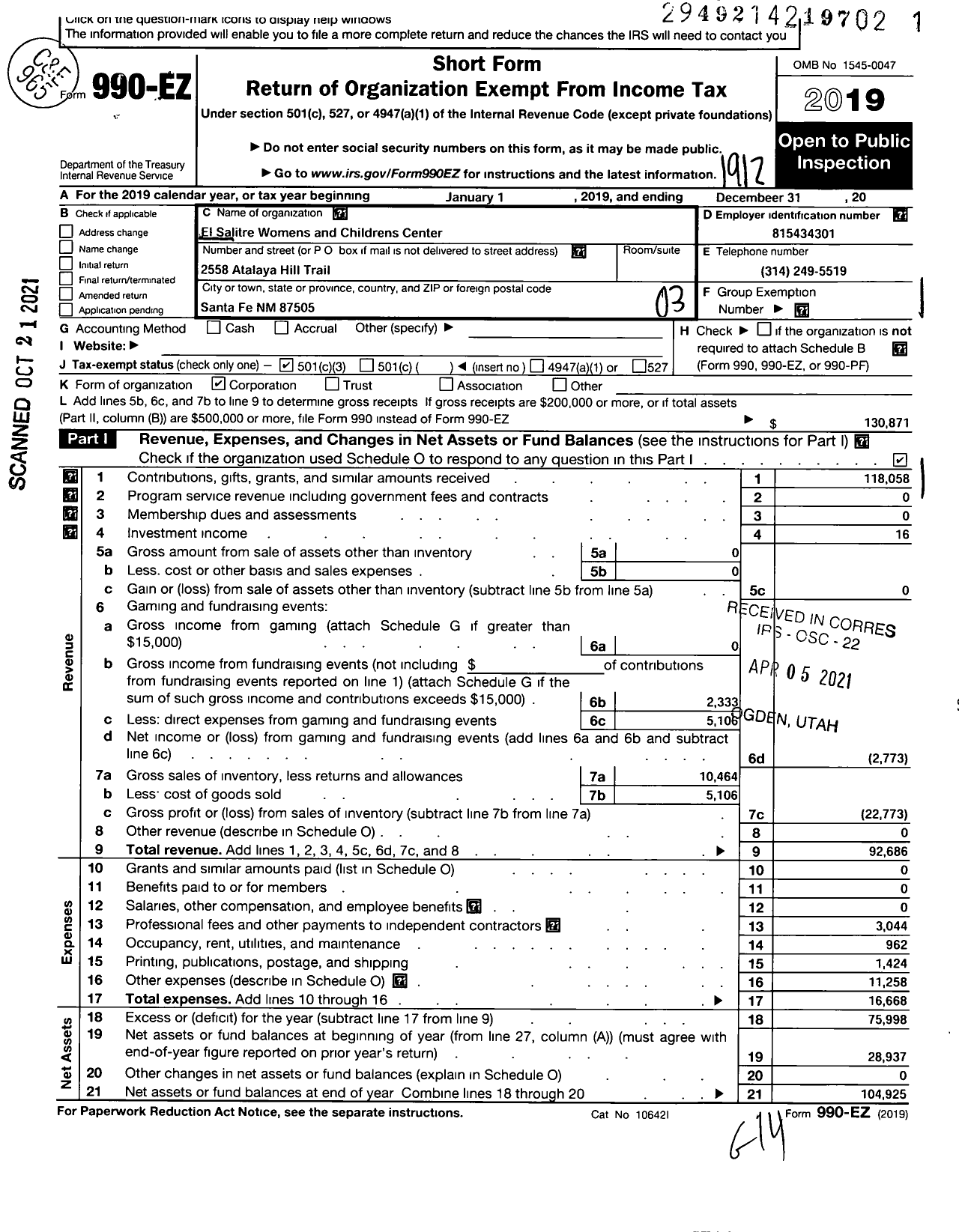 Image of first page of 2019 Form 990EZ for El Salitre Womens and Childrens Center