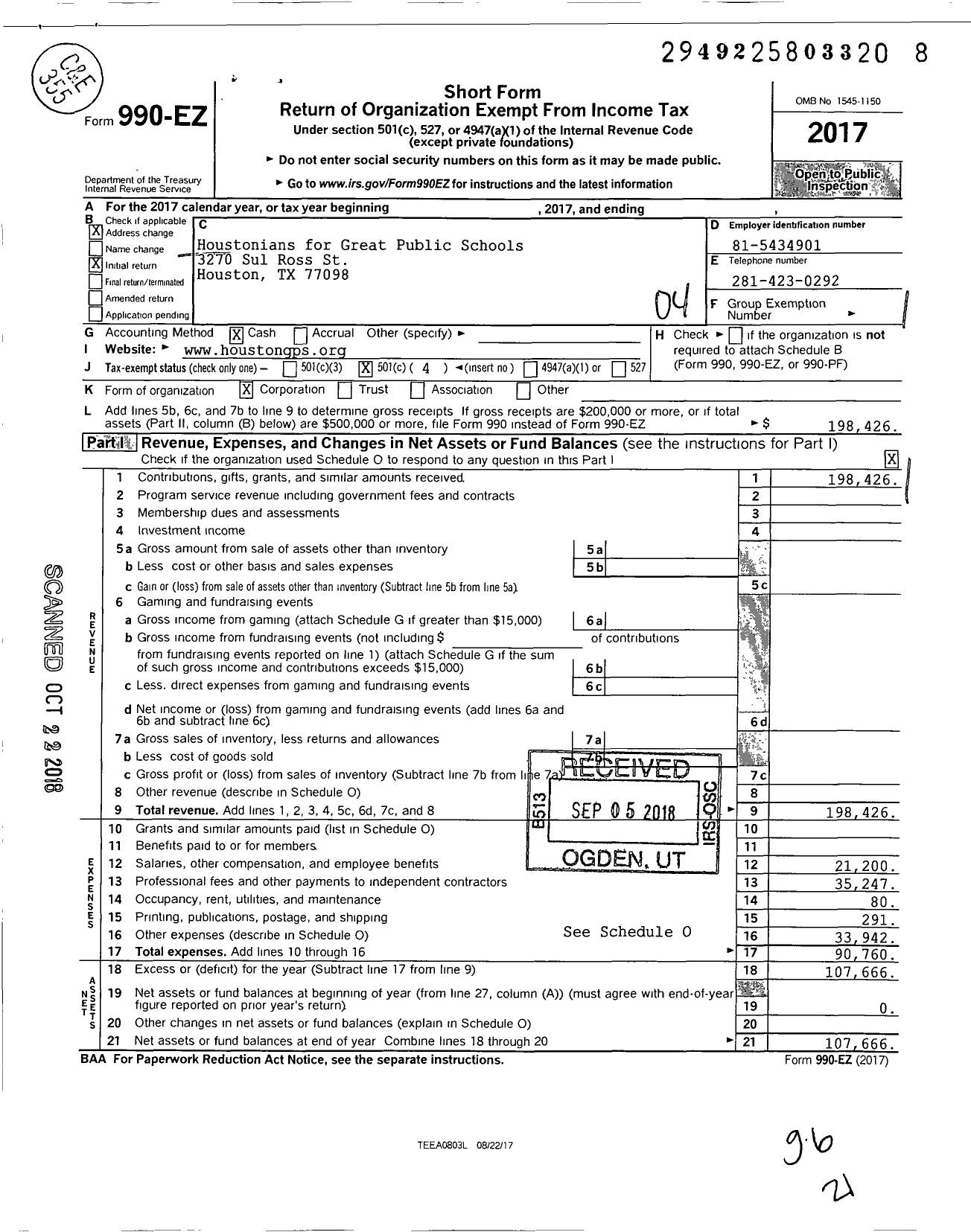 Image of first page of 2017 Form 990EO for Houstonians for Great Public Schools