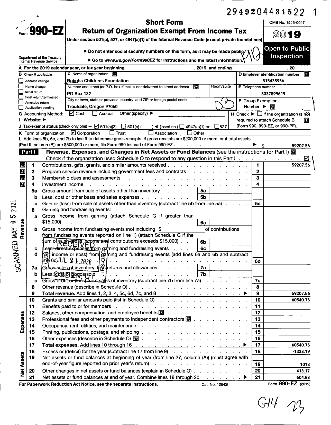 Image of first page of 2019 Form 990EZ for Bukoba Childrens Foundation