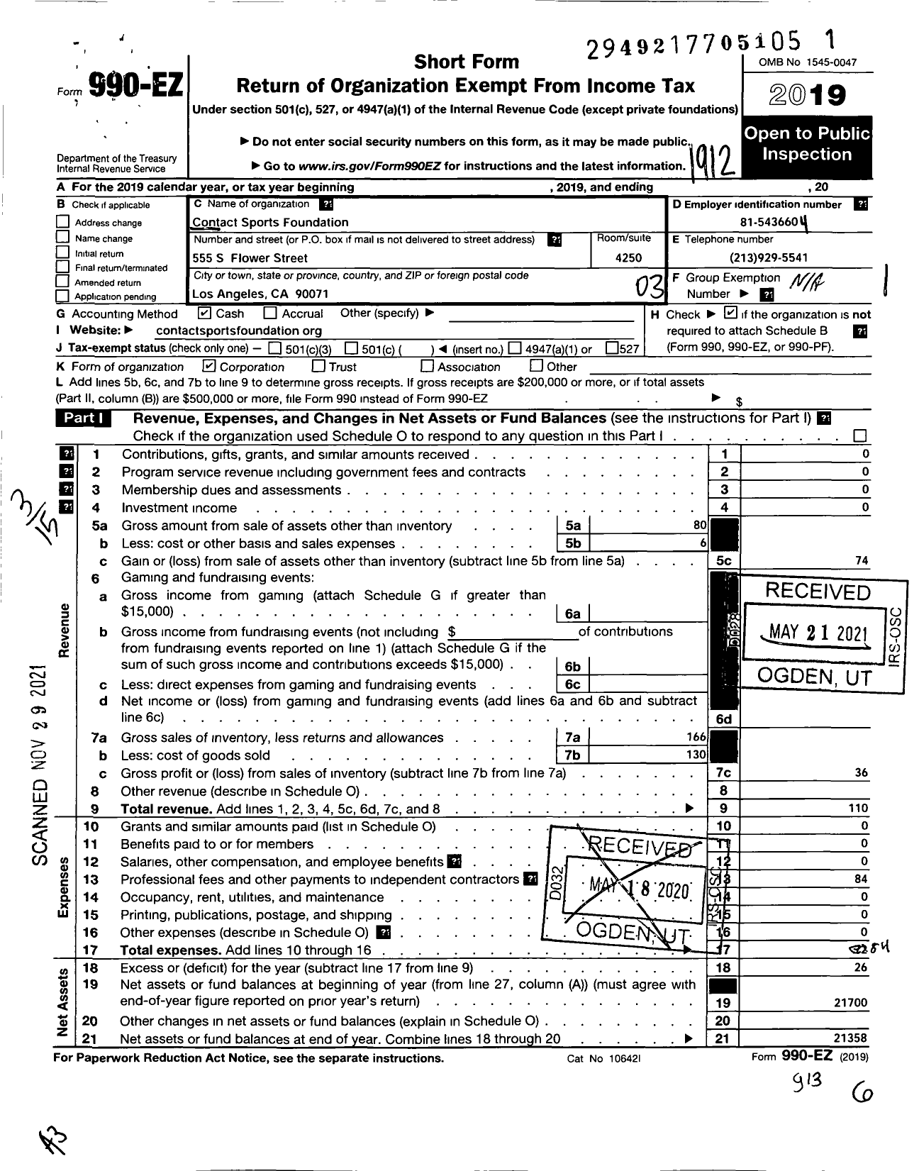 Image of first page of 2019 Form 990EZ for Contact Sports Foundation