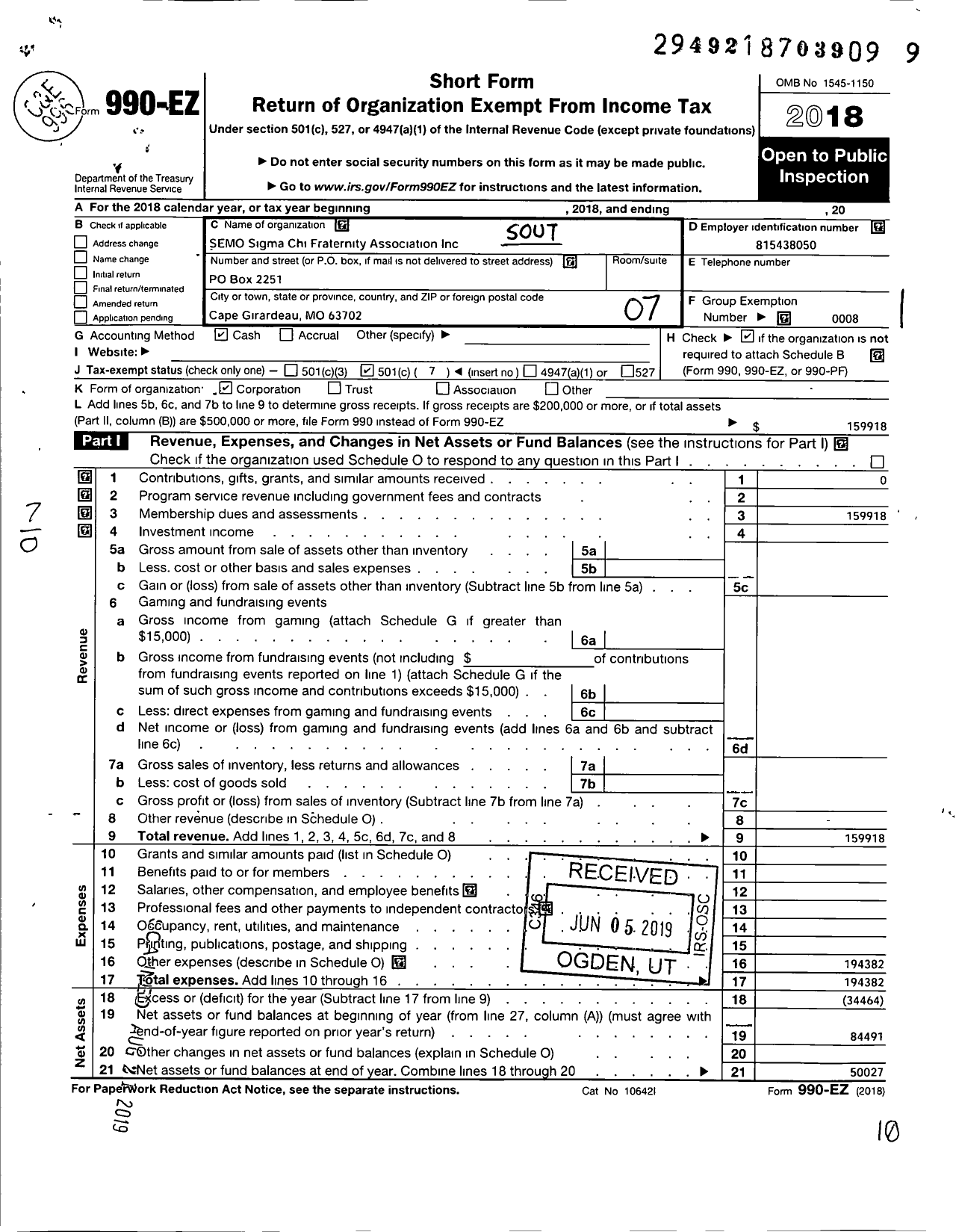 Image of first page of 2018 Form 990EO for Southeast Missouri Sigma Chi Epsilon Phi Housing