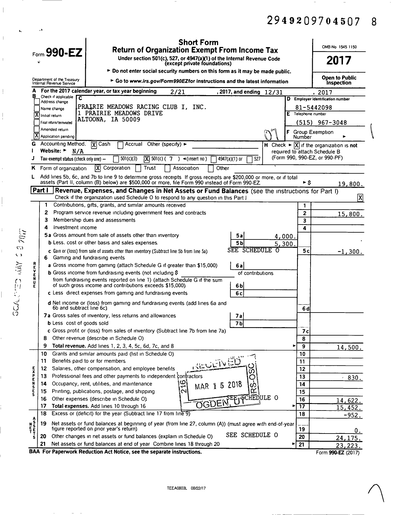 Image of first page of 2017 Form 990EO for Prairie Meadows Racing Club