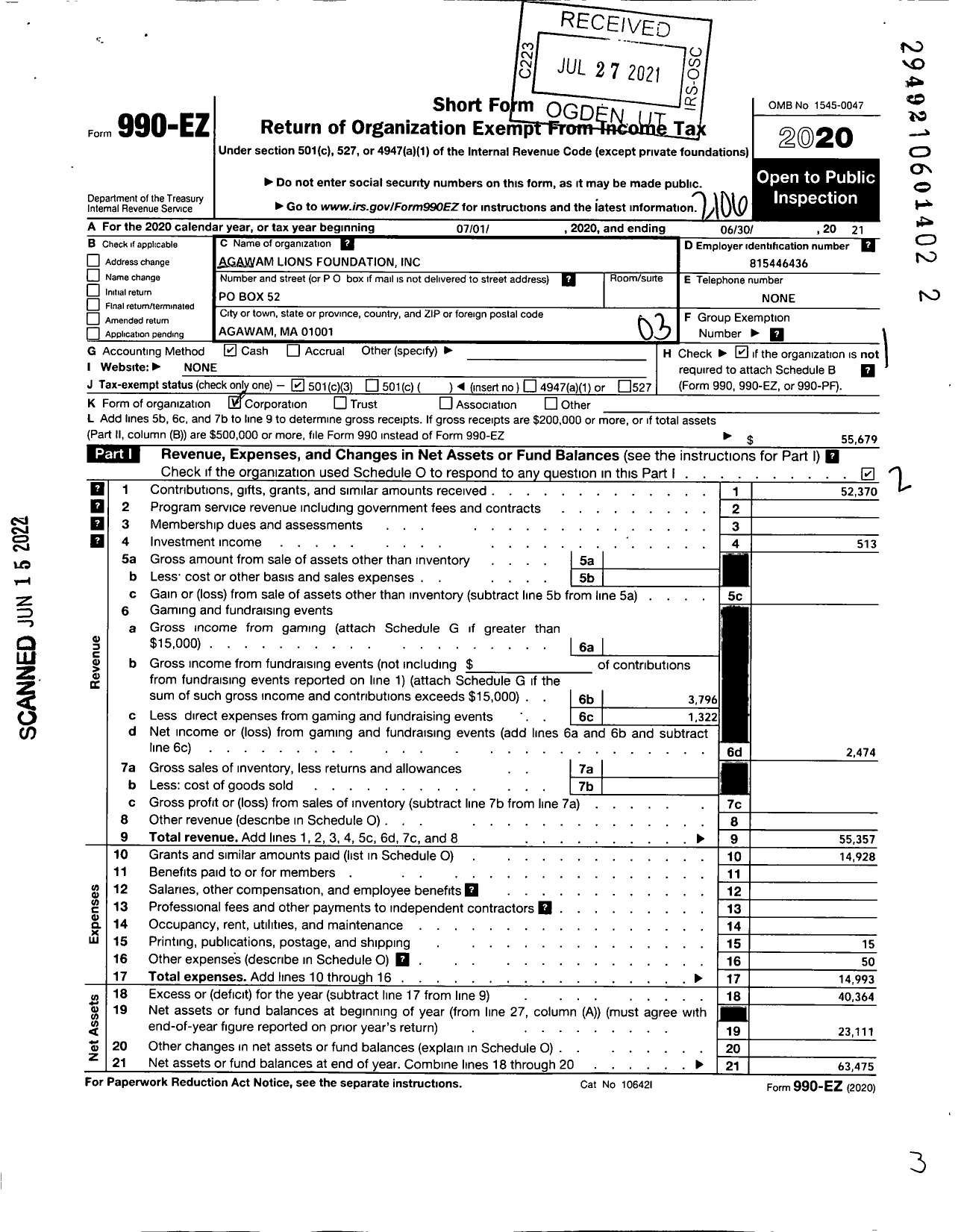 Image of first page of 2020 Form 990EZ for Agawam Lions Foundation