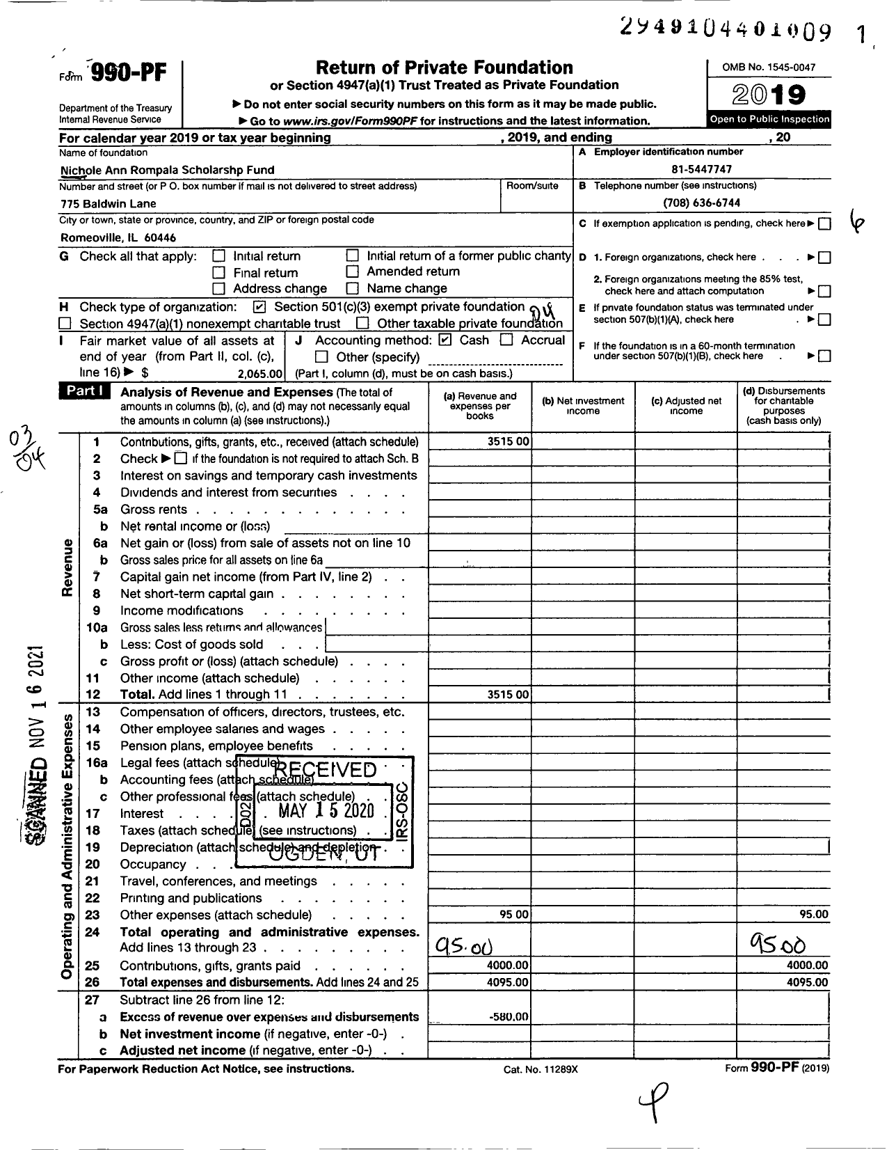 Image of first page of 2019 Form 990PF for Nichole Ann Rompala Scholarship Fund