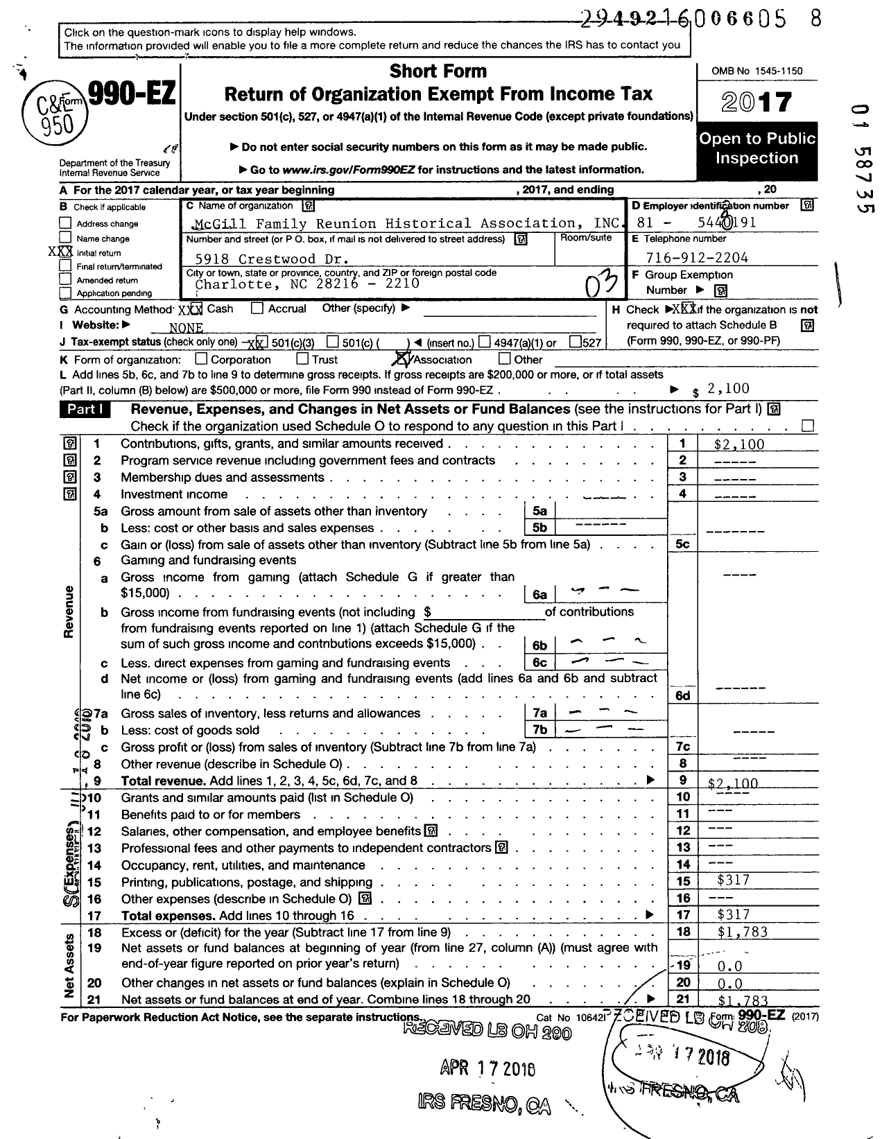 Image of first page of 2017 Form 990EZ for Mcgill Family Reunion Historical Association