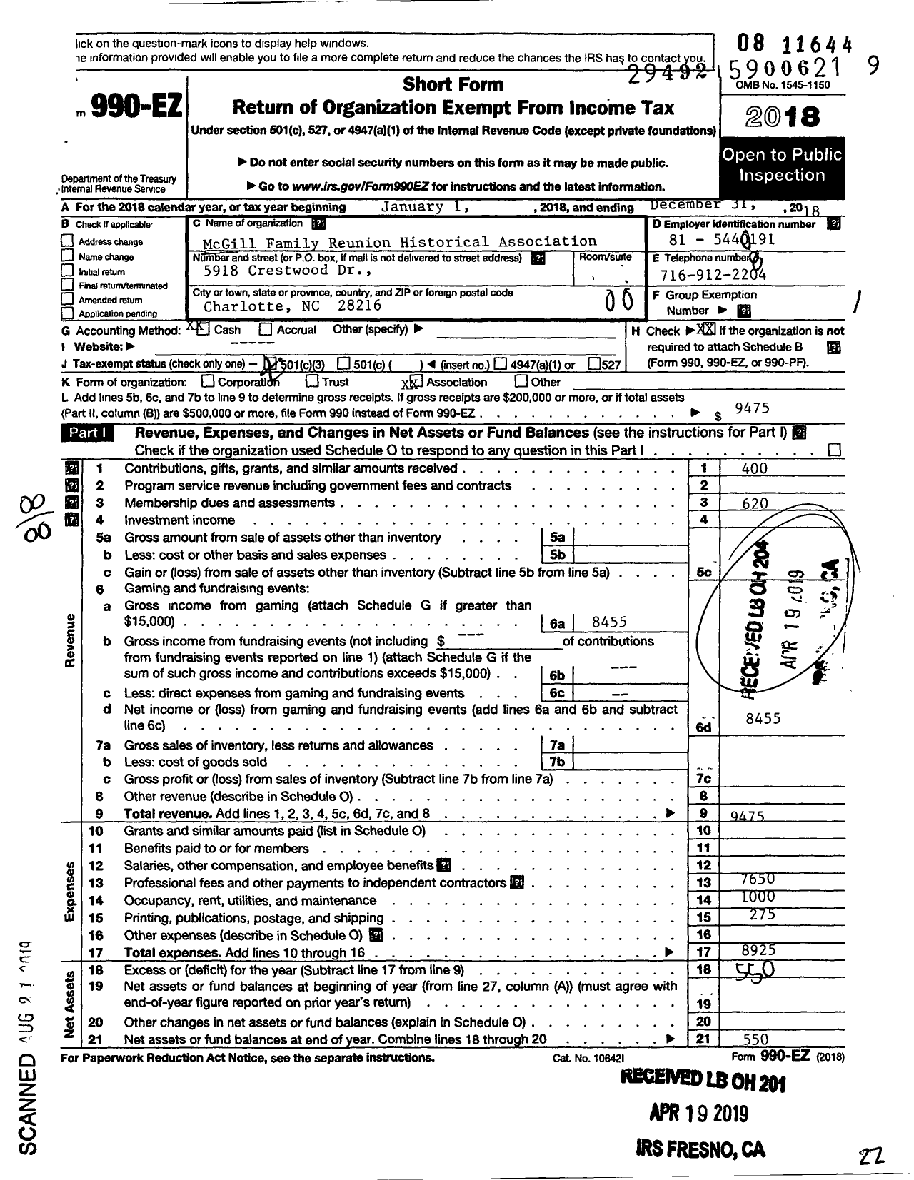 Image of first page of 2018 Form 990EO for Mcgill Family Reunion Historical Association