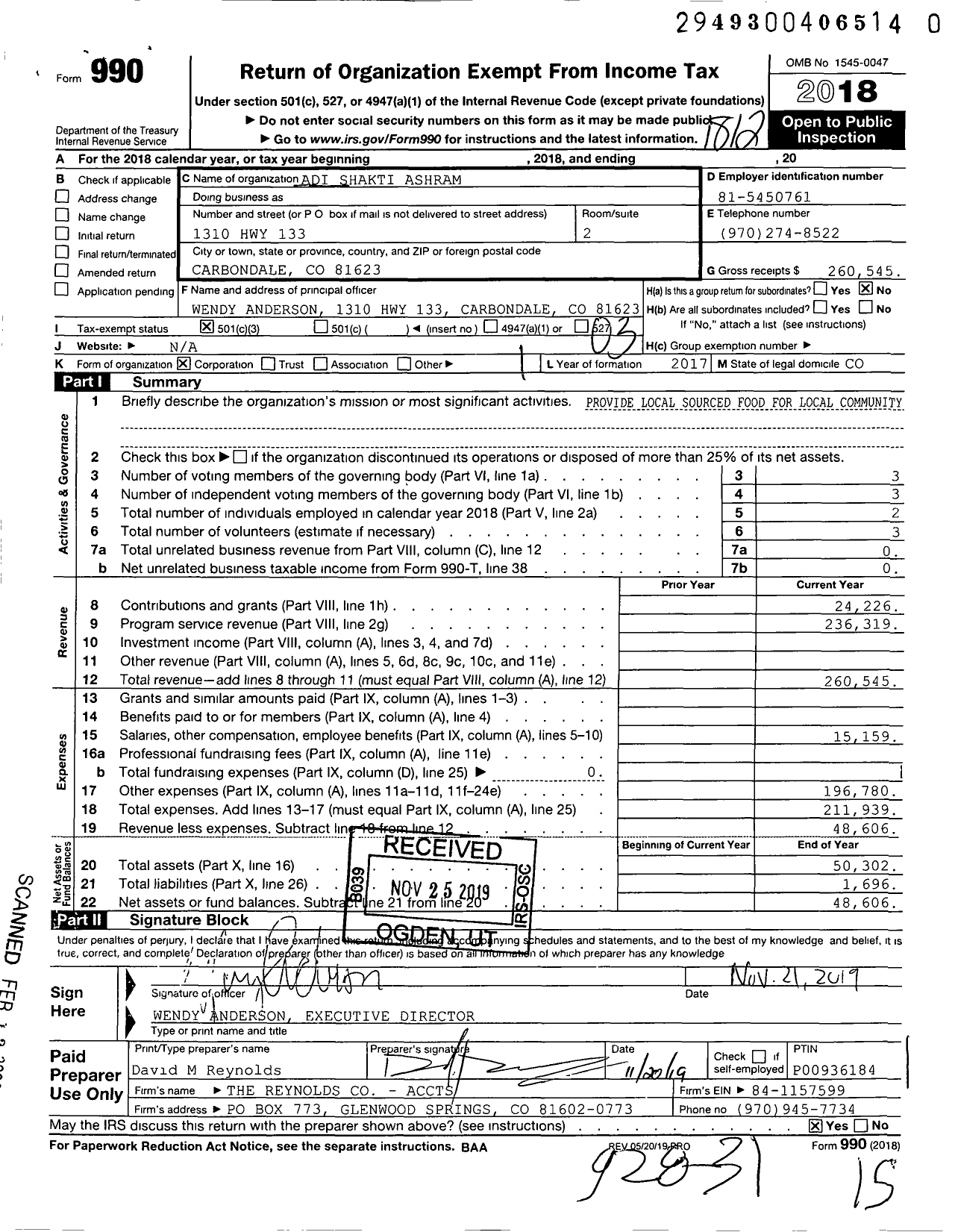 Image of first page of 2018 Form 990 for Adi Shakti Ashram