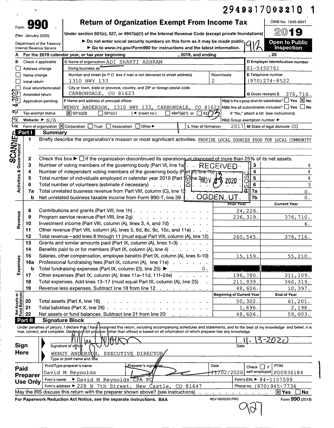 Image of first page of 2019 Form 990 for Adi Shakti Ashram