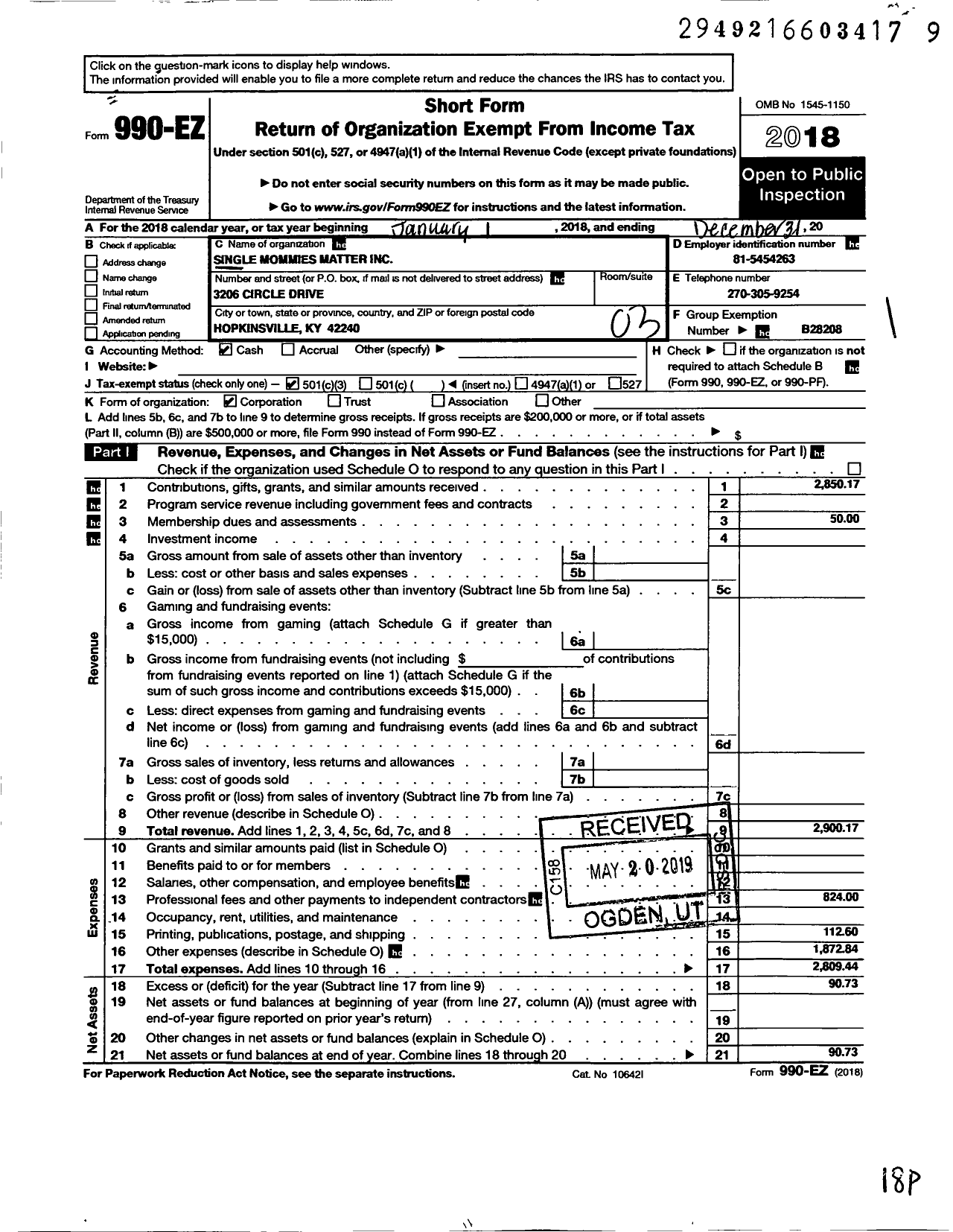 Image of first page of 2018 Form 990EZ for Single Mommies Matter