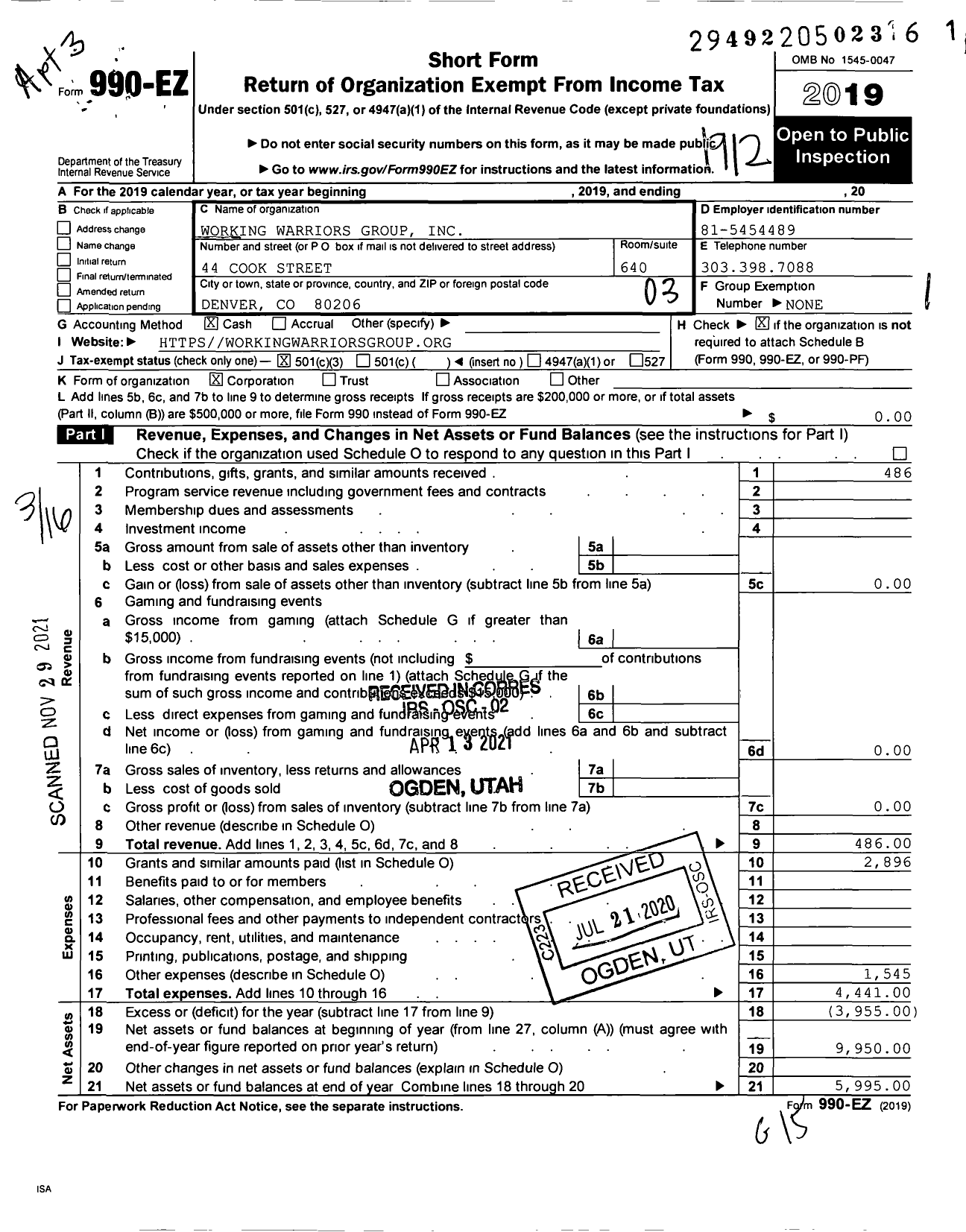 Image of first page of 2019 Form 990EZ for Working Warriors Group