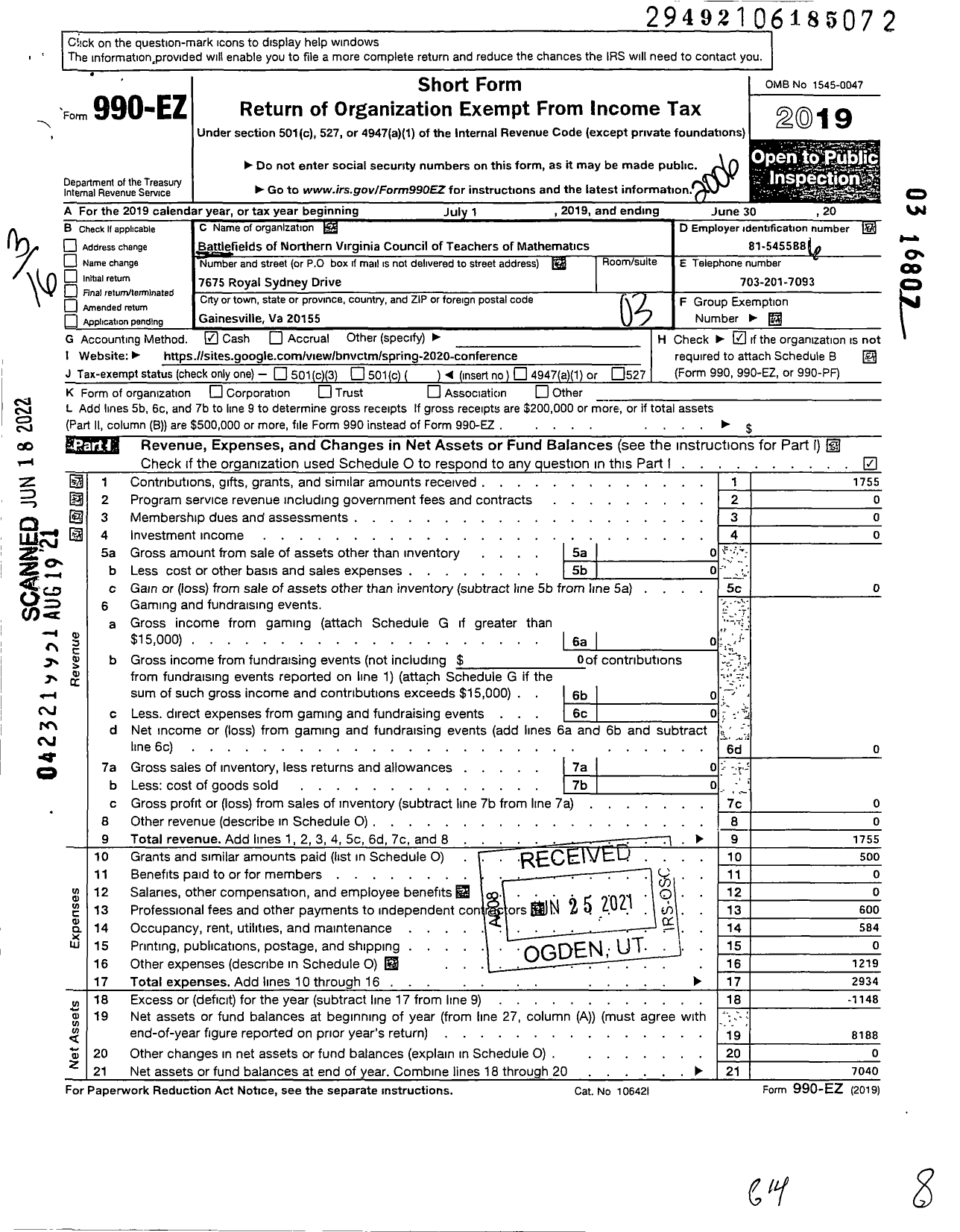 Image of first page of 2019 Form 990EZ for Battlefields of Northern Virginia Council of Teachers of Mathematics