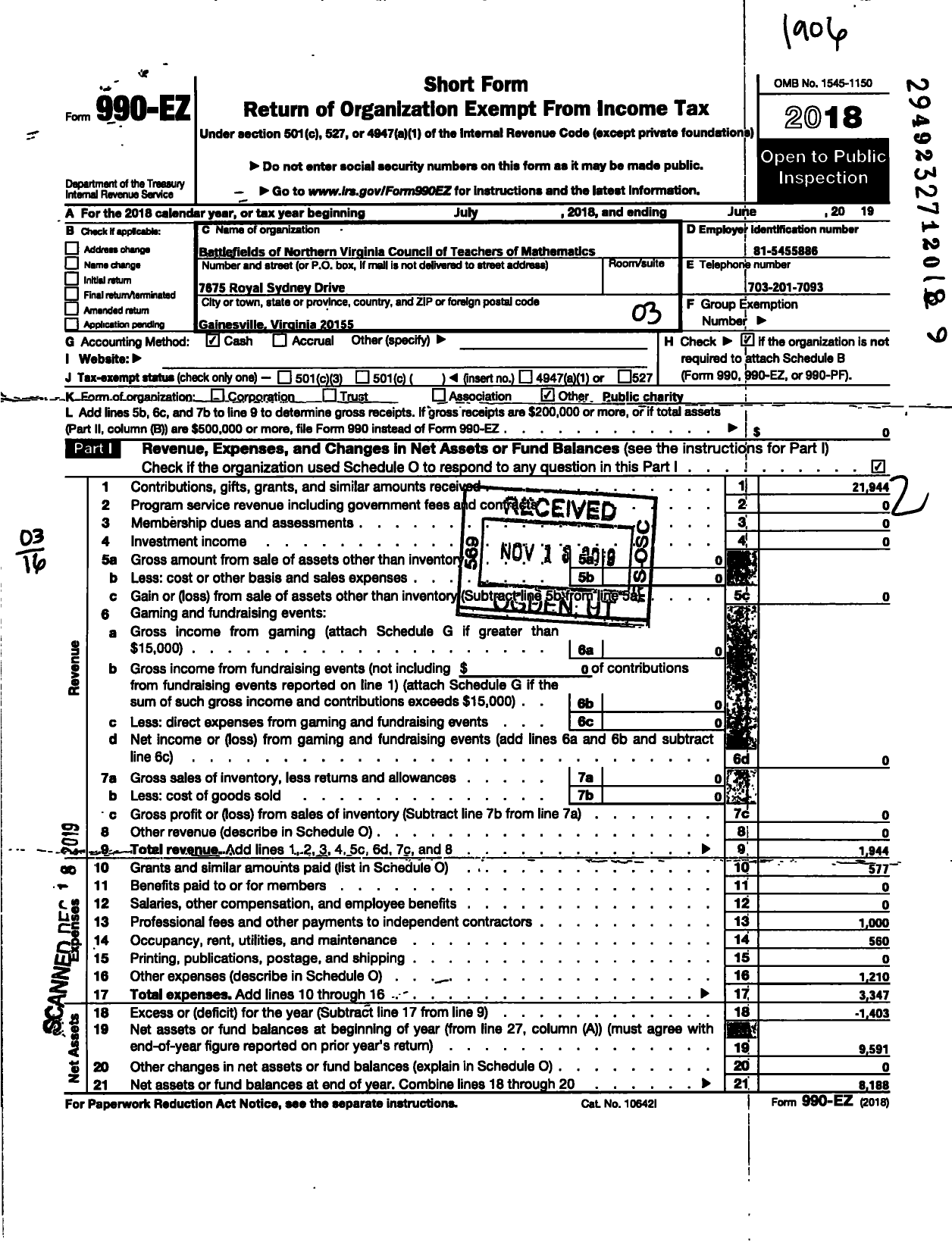 Image of first page of 2018 Form 990EZ for Battlefields of Northern Virginia Council of Teachers of Mathematics