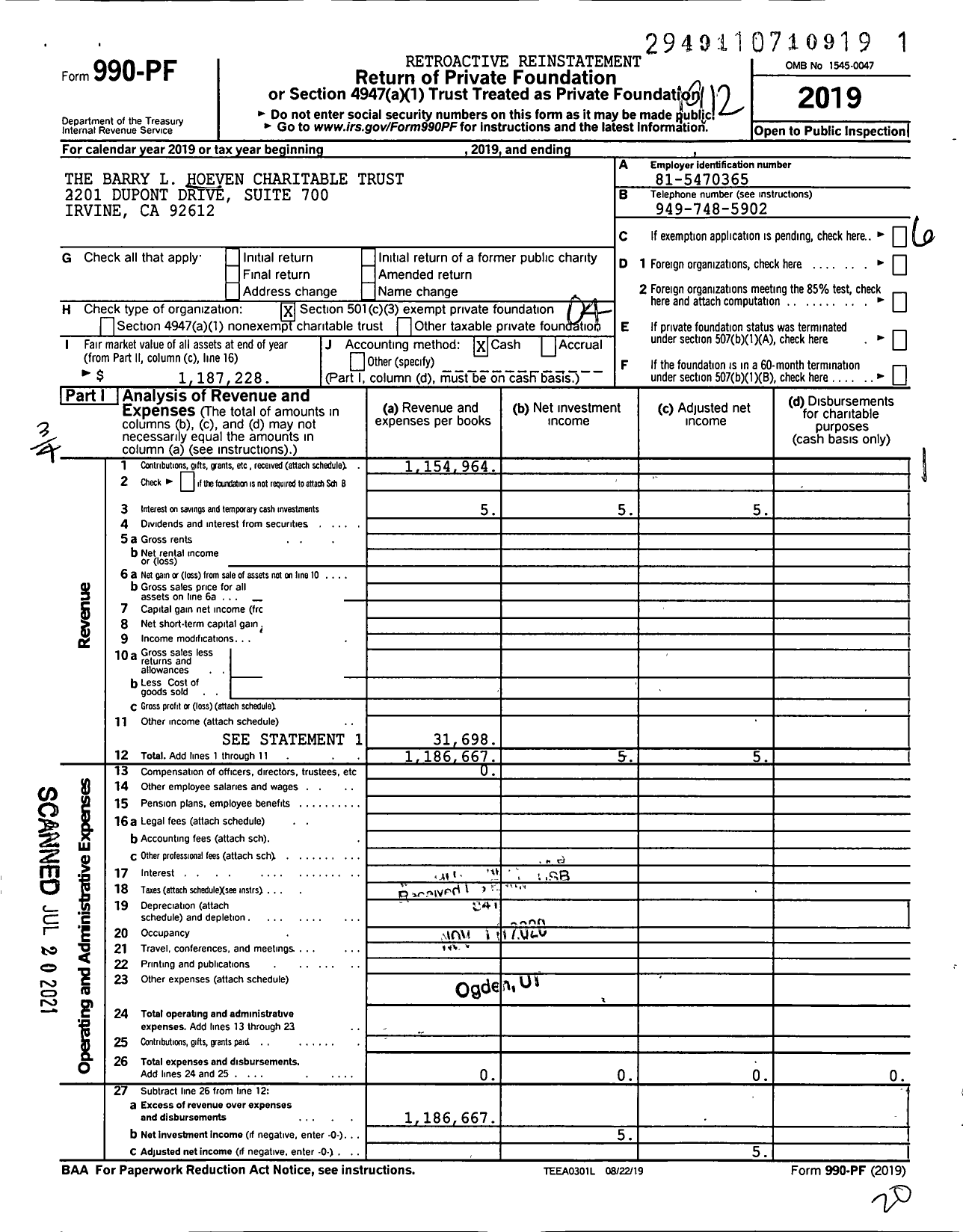 Image of first page of 2019 Form 990PF for The Barry L Hoeven Charitable Trust