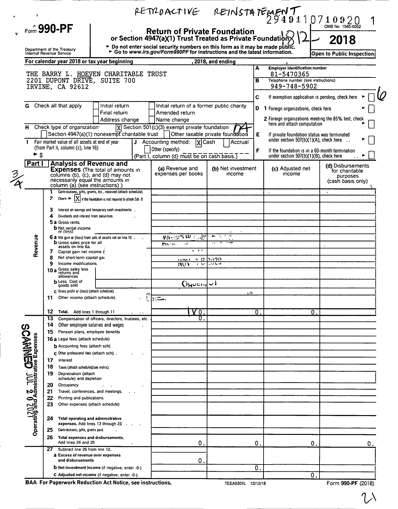 Image of first page of 2018 Form 990PF for The Barry L Hoeven Charitable Trust