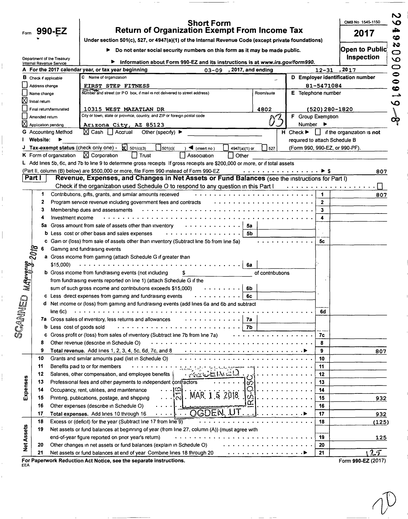 Image of first page of 2017 Form 990EZ for First Step Fitness