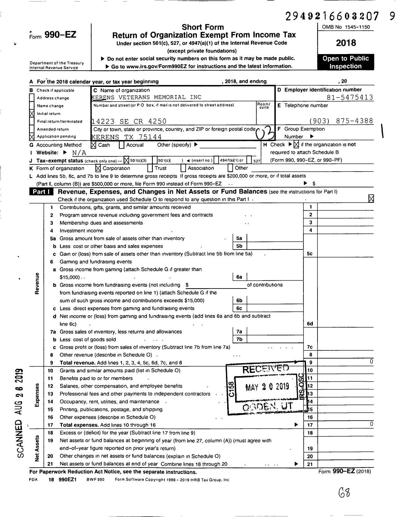 Image of first page of 2018 Form 990EZ for Kerens Veterans Memorial