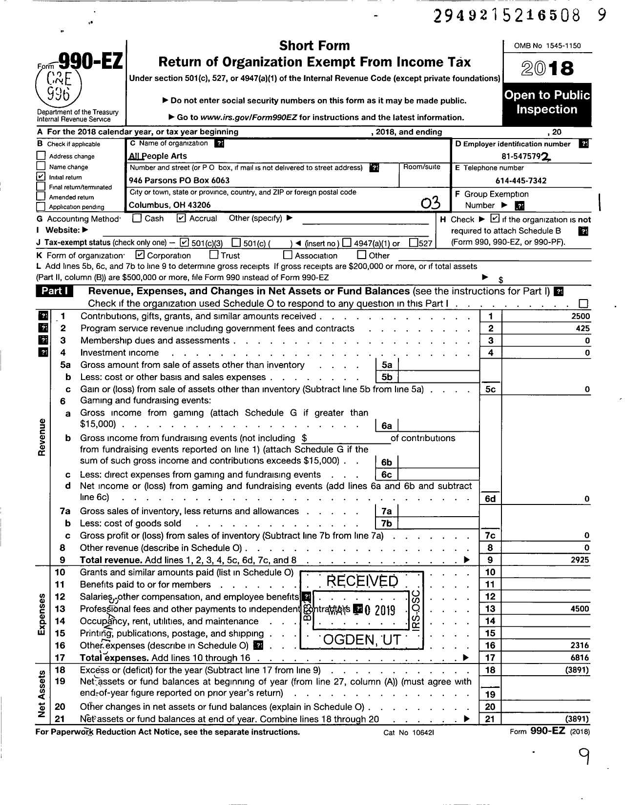 Image of first page of 2018 Form 990EZ for All People Arts