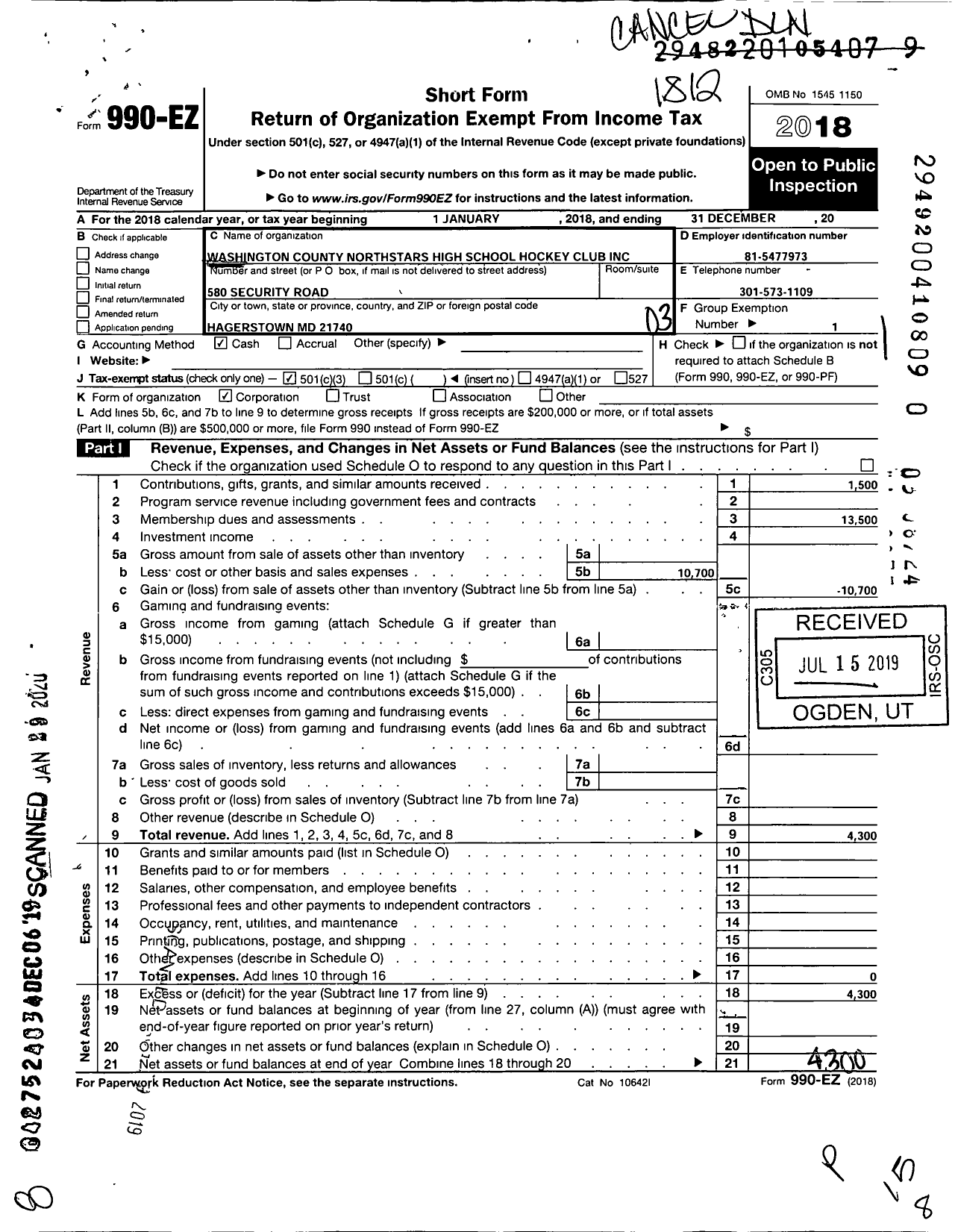 Image of first page of 2018 Form 990EZ for Washington County Northstars High School Hockey Club Incorporated